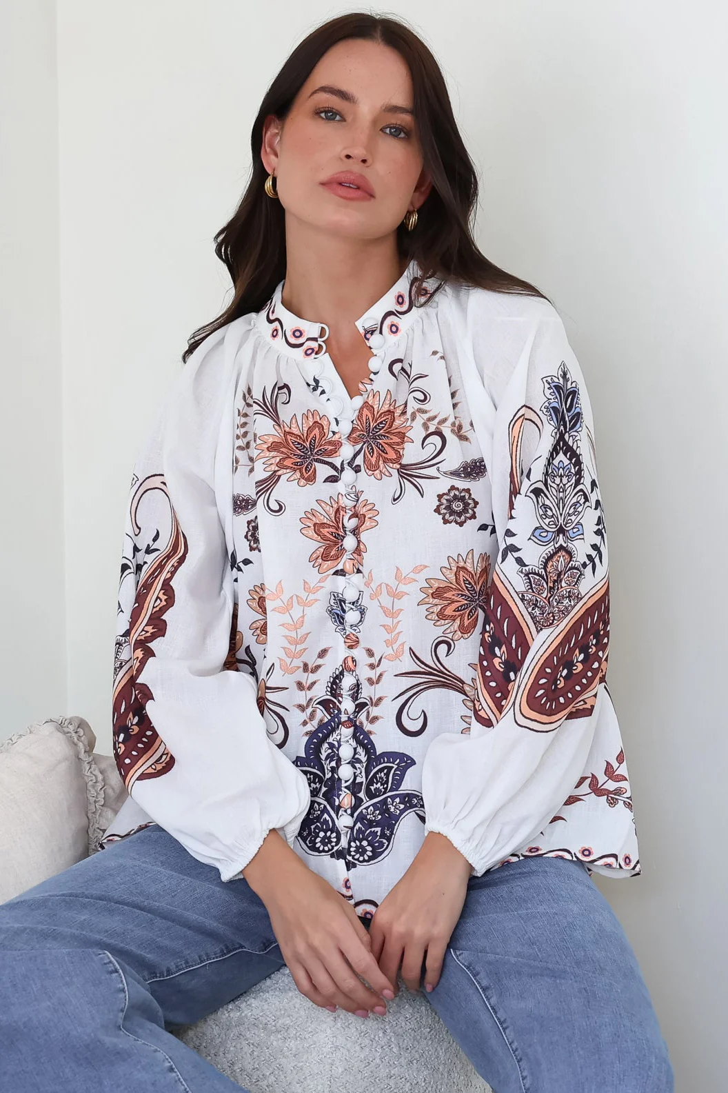 Portia Blouse - Button Down Mandarin Collar Shirt in Magah Print - Image 4