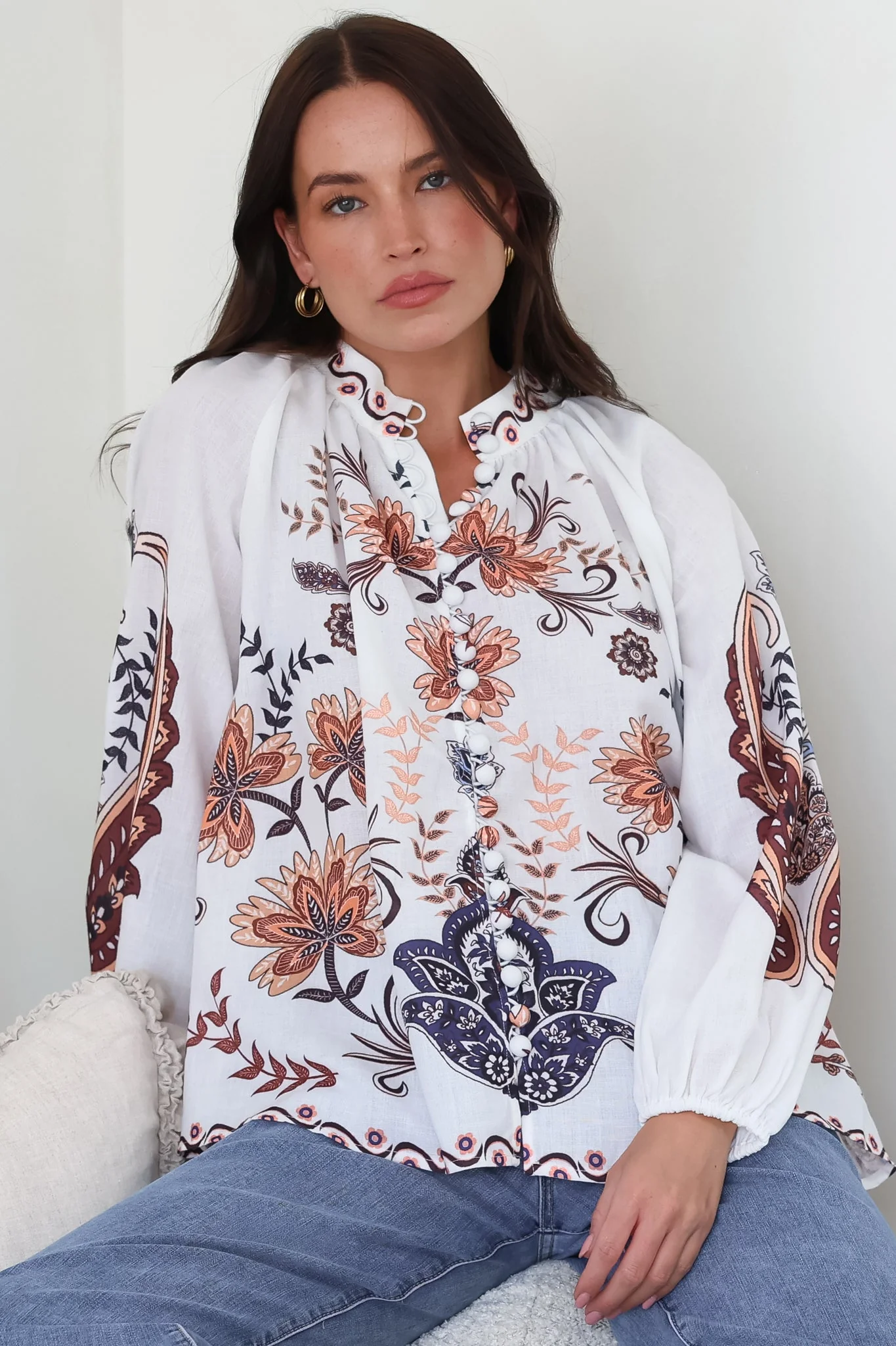 Portia Blouse - Button Down Mandarin Collar Shirt in Magah Print - Image 5