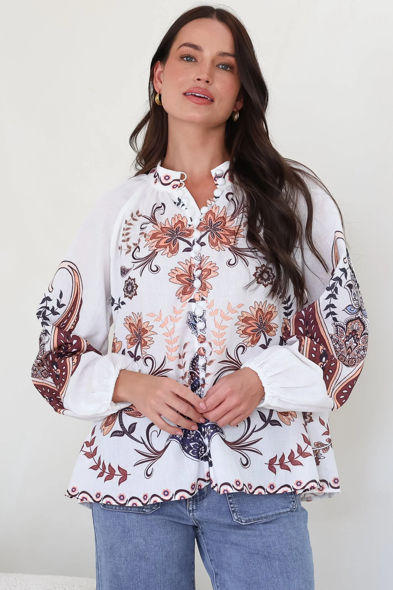 Portia Blouse - Button Down Mandarin Collar Shirt in Magah Print - Image 6