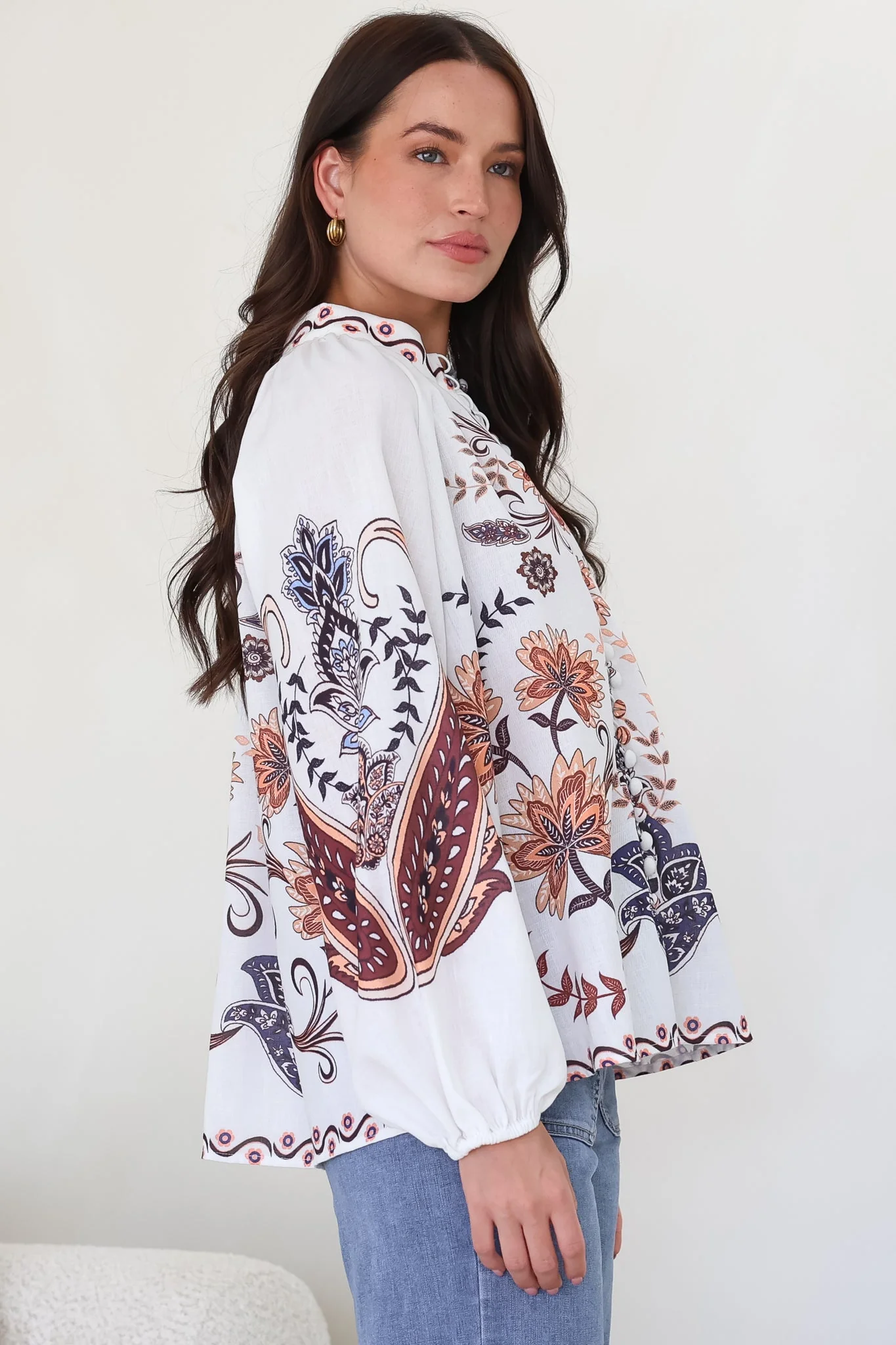 Portia Blouse - Button Down Mandarin Collar Shirt in Magah Print - Image 8
