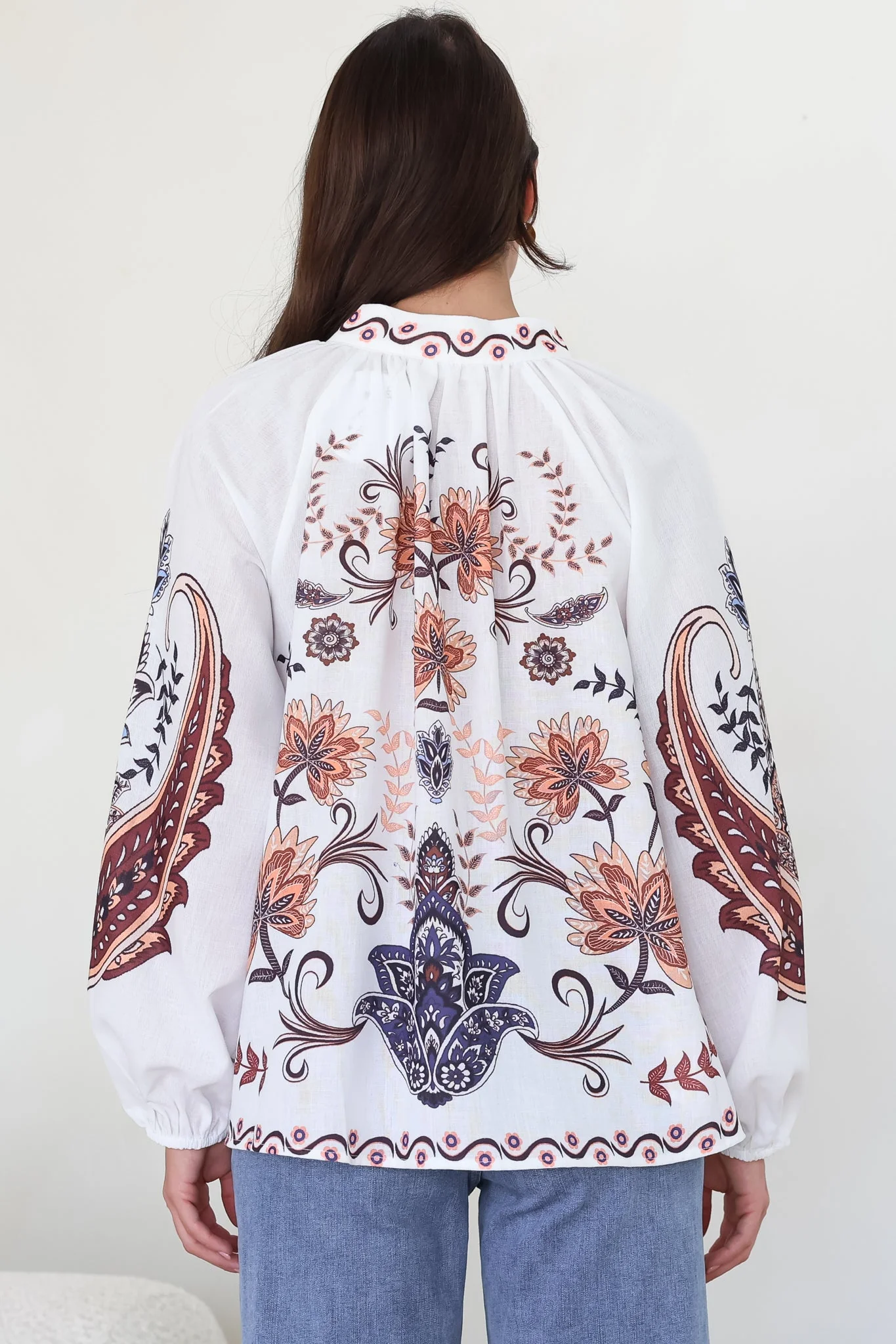Portia Blouse - Button Down Mandarin Collar Shirt in Magah Print - Image 9