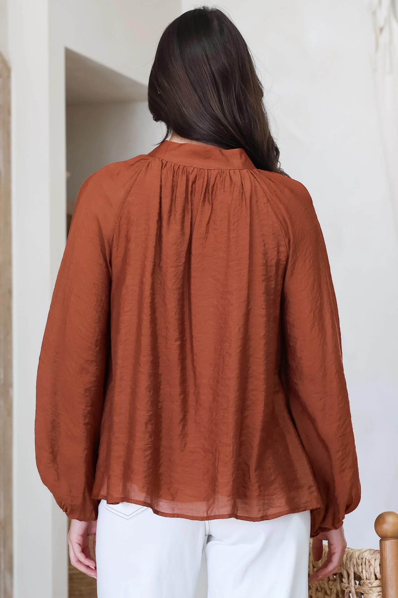 Portia Blouse - Button Down Mandarin Collar Shirt in Rust - Image 10