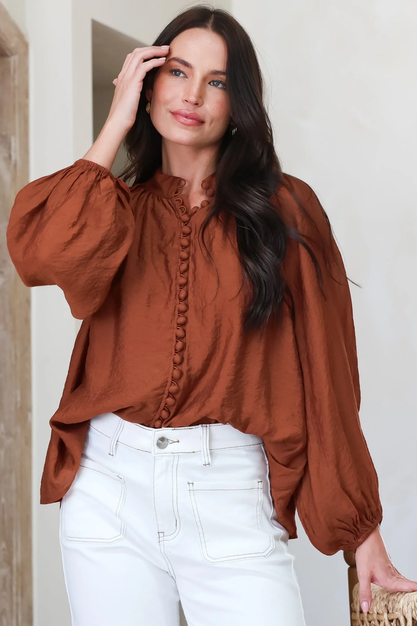 Portia Blouse - Button Down Mandarin Collar Shirt in Rust - Image 2