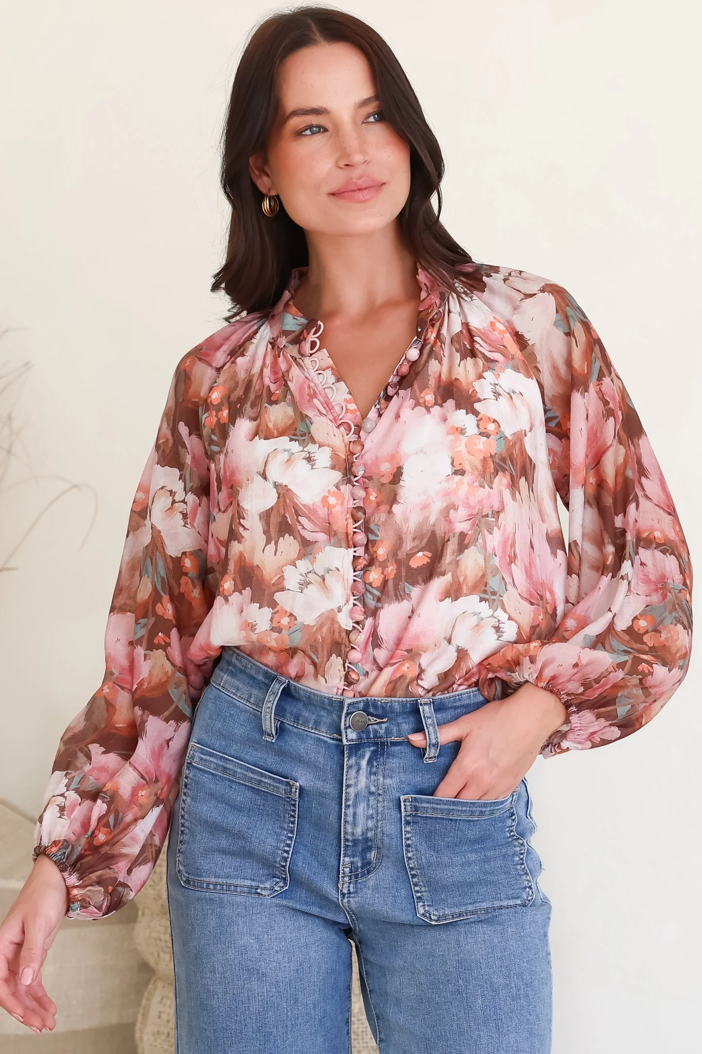 Portia Blouse - Button Down Mandarin Collar Shirt in Serafina Print - Image 2