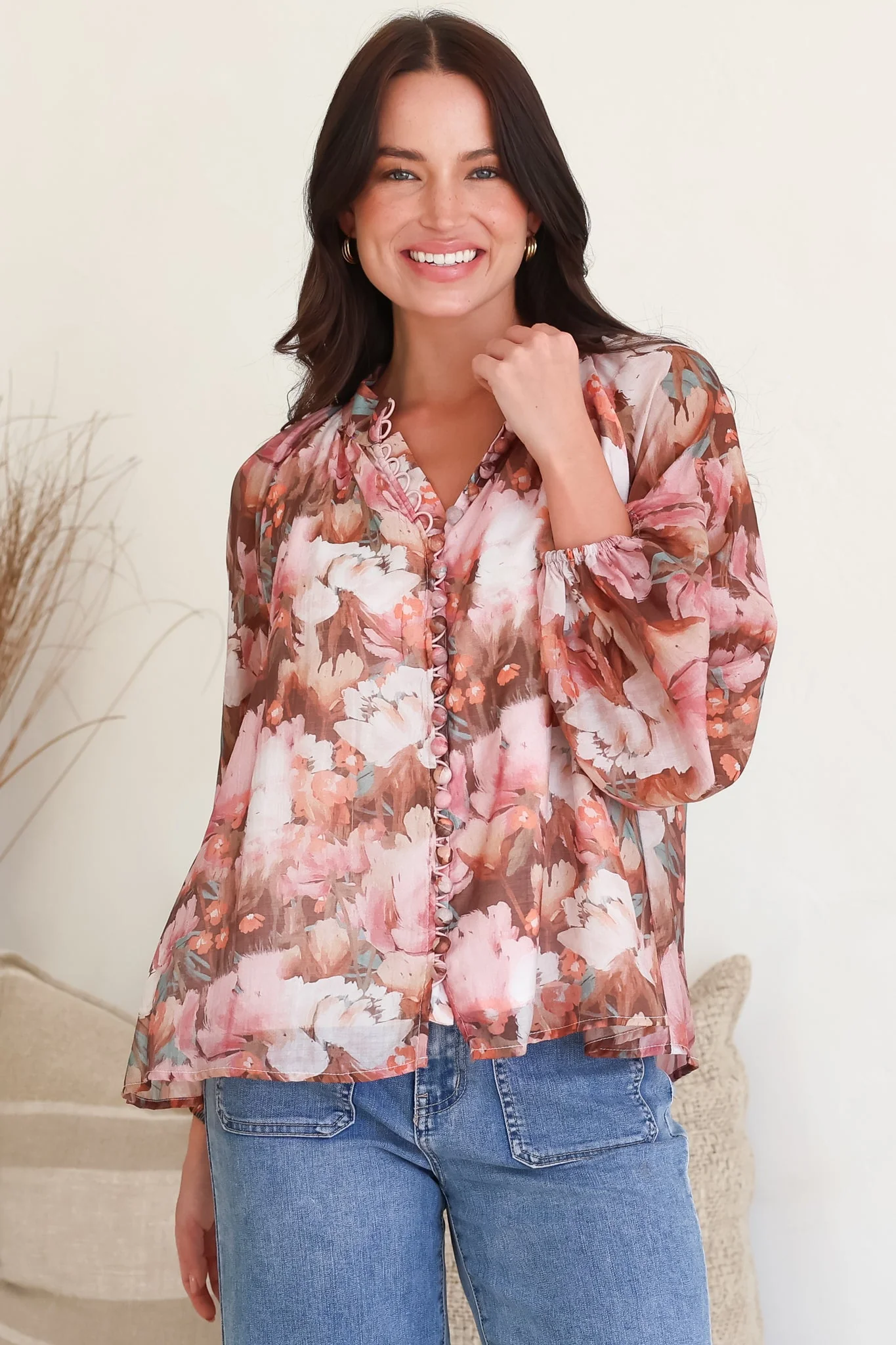 Portia Blouse - Button Down Mandarin Collar Shirt in Serafina Print - Image 4