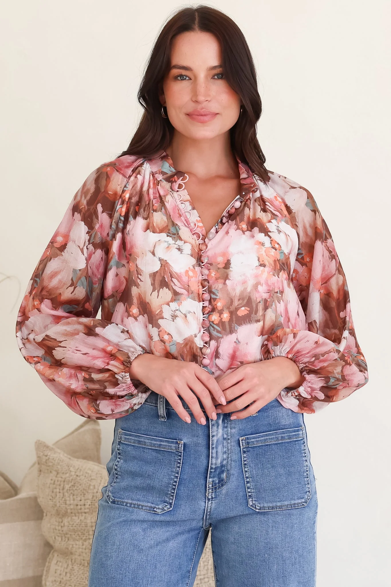 Portia Blouse - Button Down Mandarin Collar Shirt in Serafina Print - Image 5