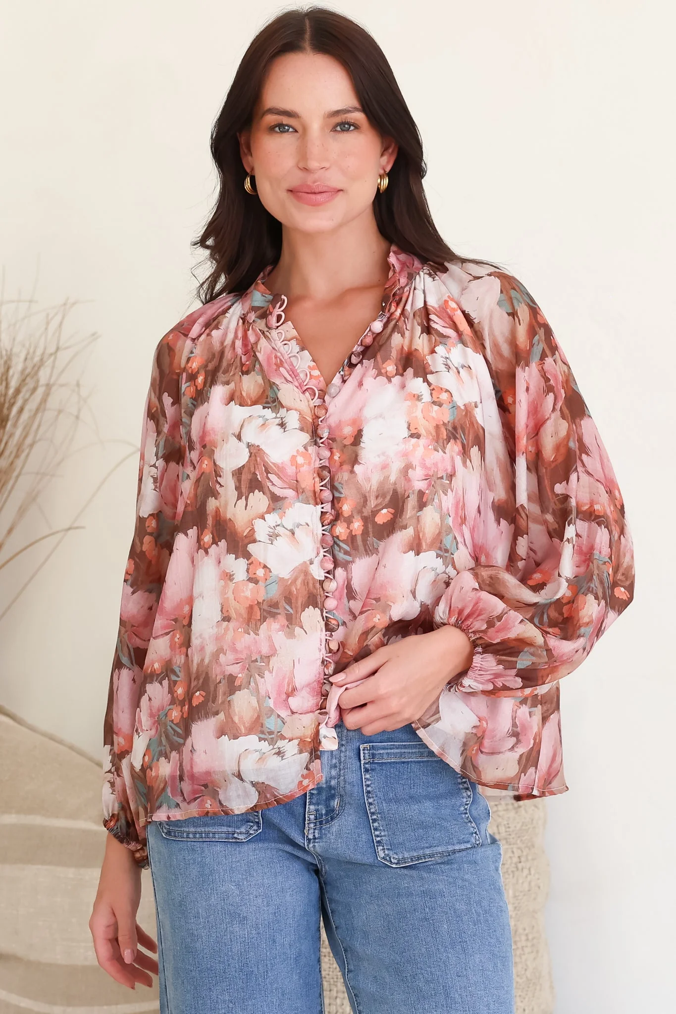 Portia Blouse - Button Down Mandarin Collar Shirt in Serafina Print - Image 6