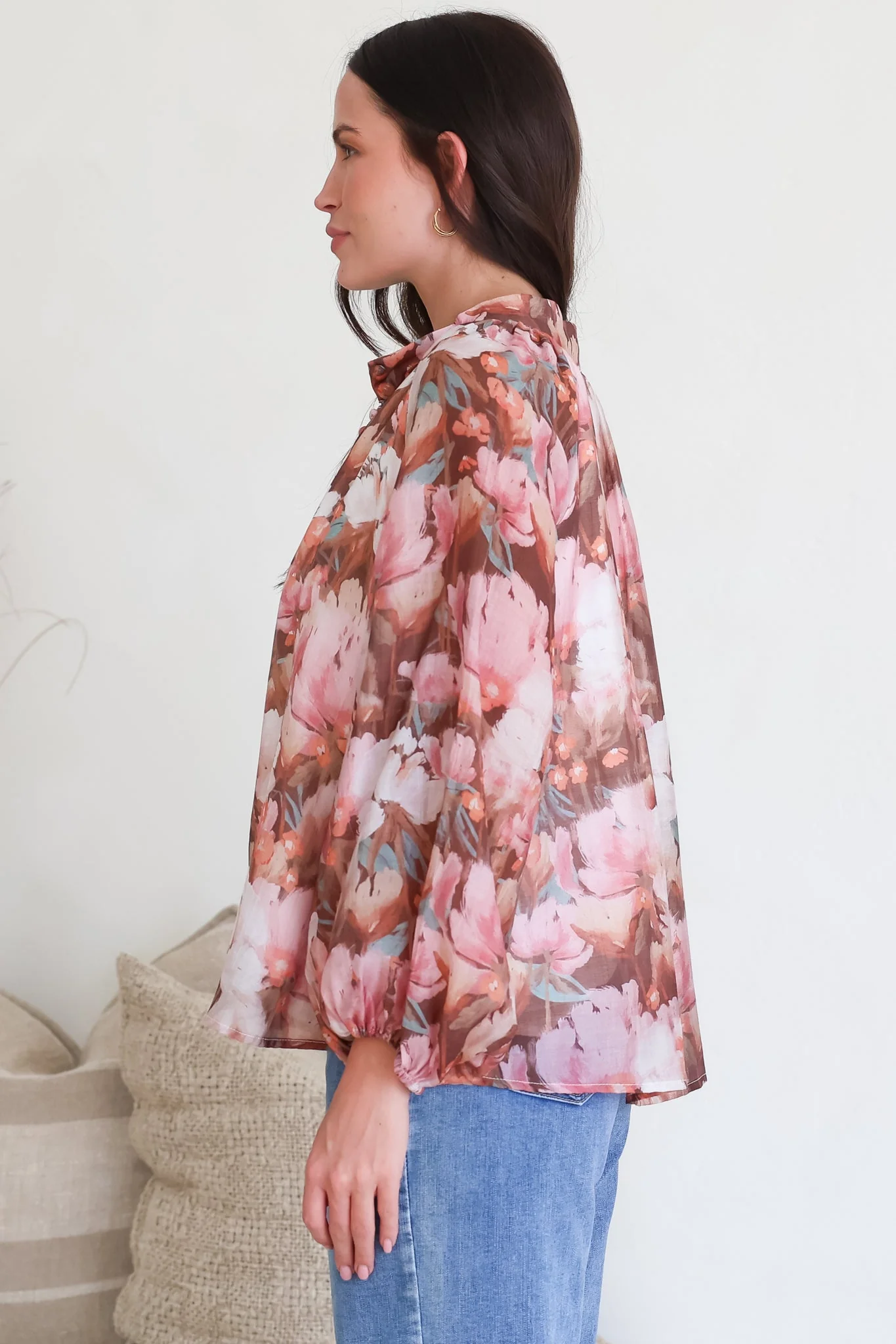 Portia Blouse - Button Down Mandarin Collar Shirt in Serafina Print - Image 8