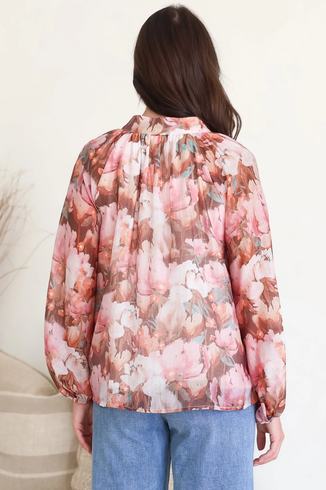 Portia Blouse - Button Down Mandarin Collar Shirt in Serafina Print - Image 9