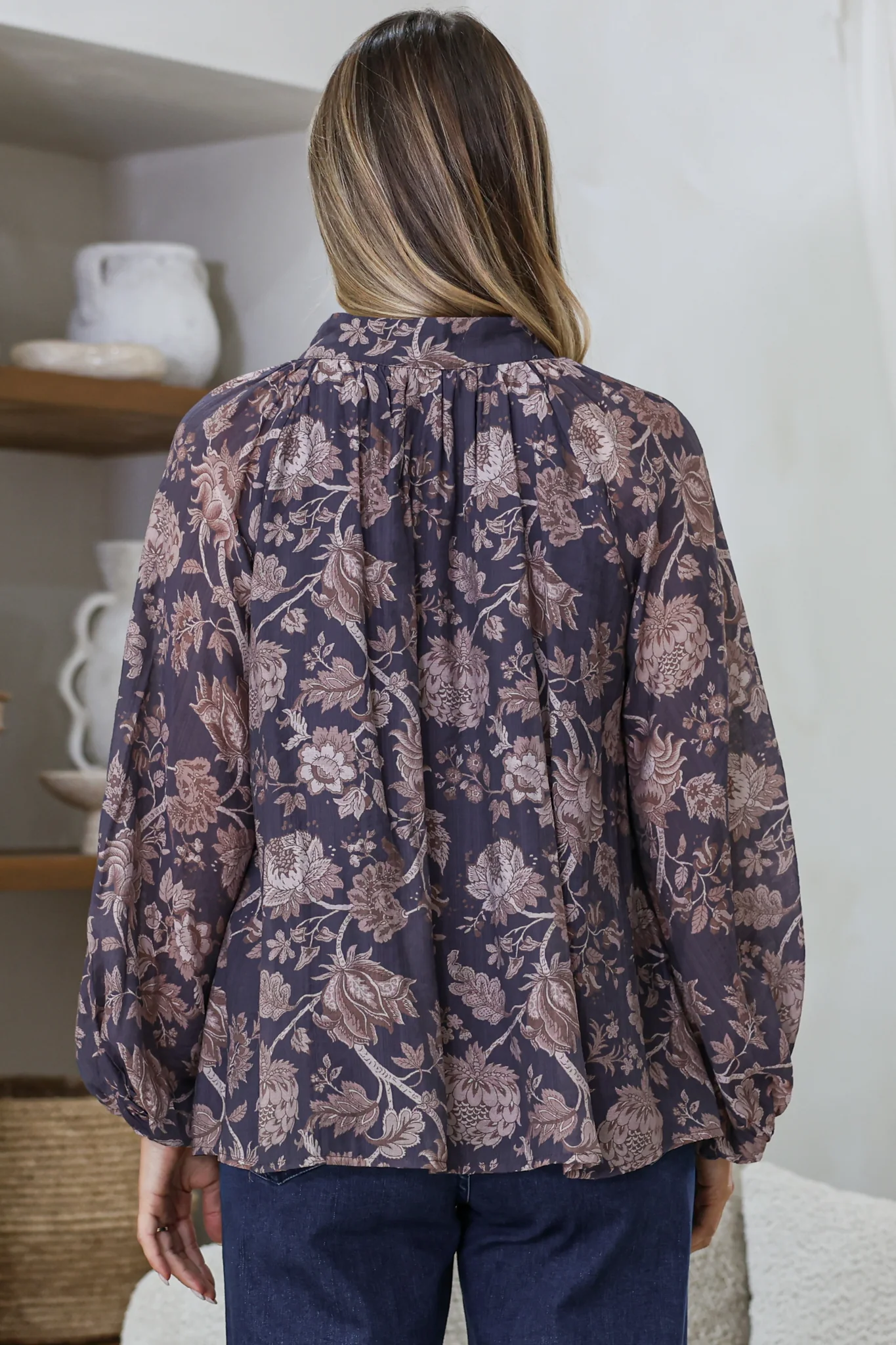 Portia Blouse - Button Down Mandarin Collar Shirt in Tamzin Print Navy - Image 8