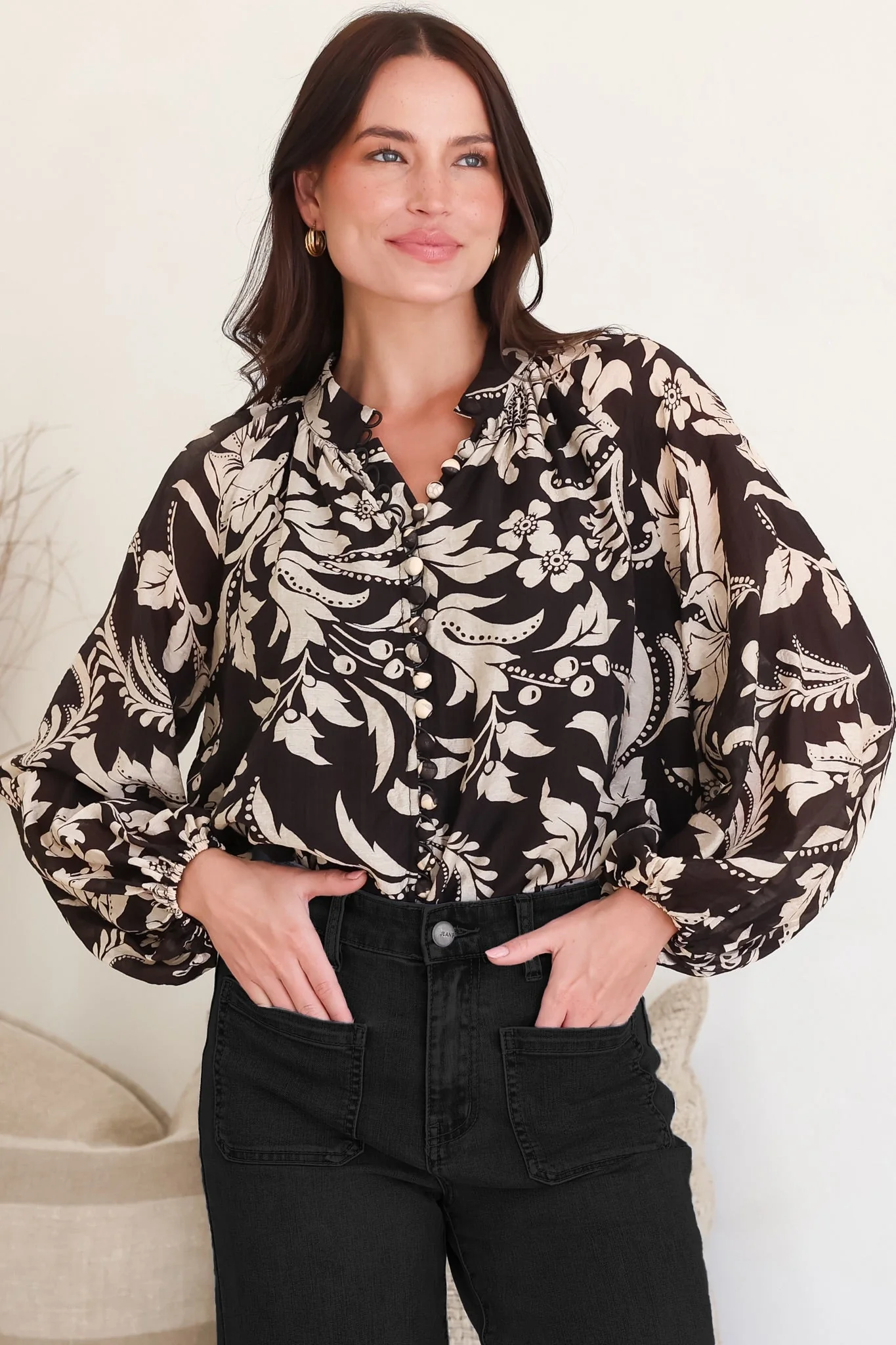 Portia Blouse - Button Down Mandarin Collar Shirt in Vendetta Print - Image 3