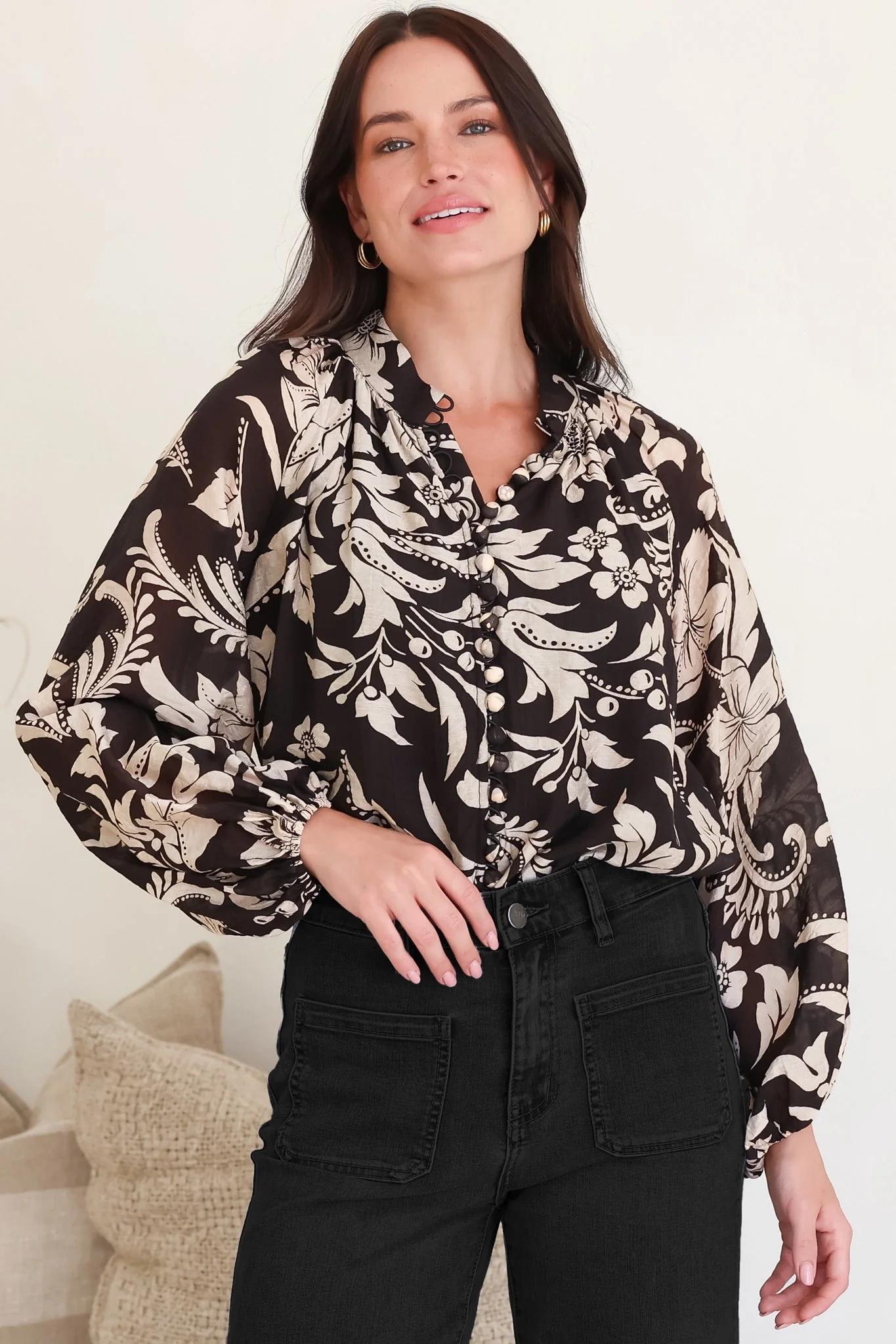 Portia Blouse - Button Down Mandarin Collar Shirt in Vendetta Print - Image 5
