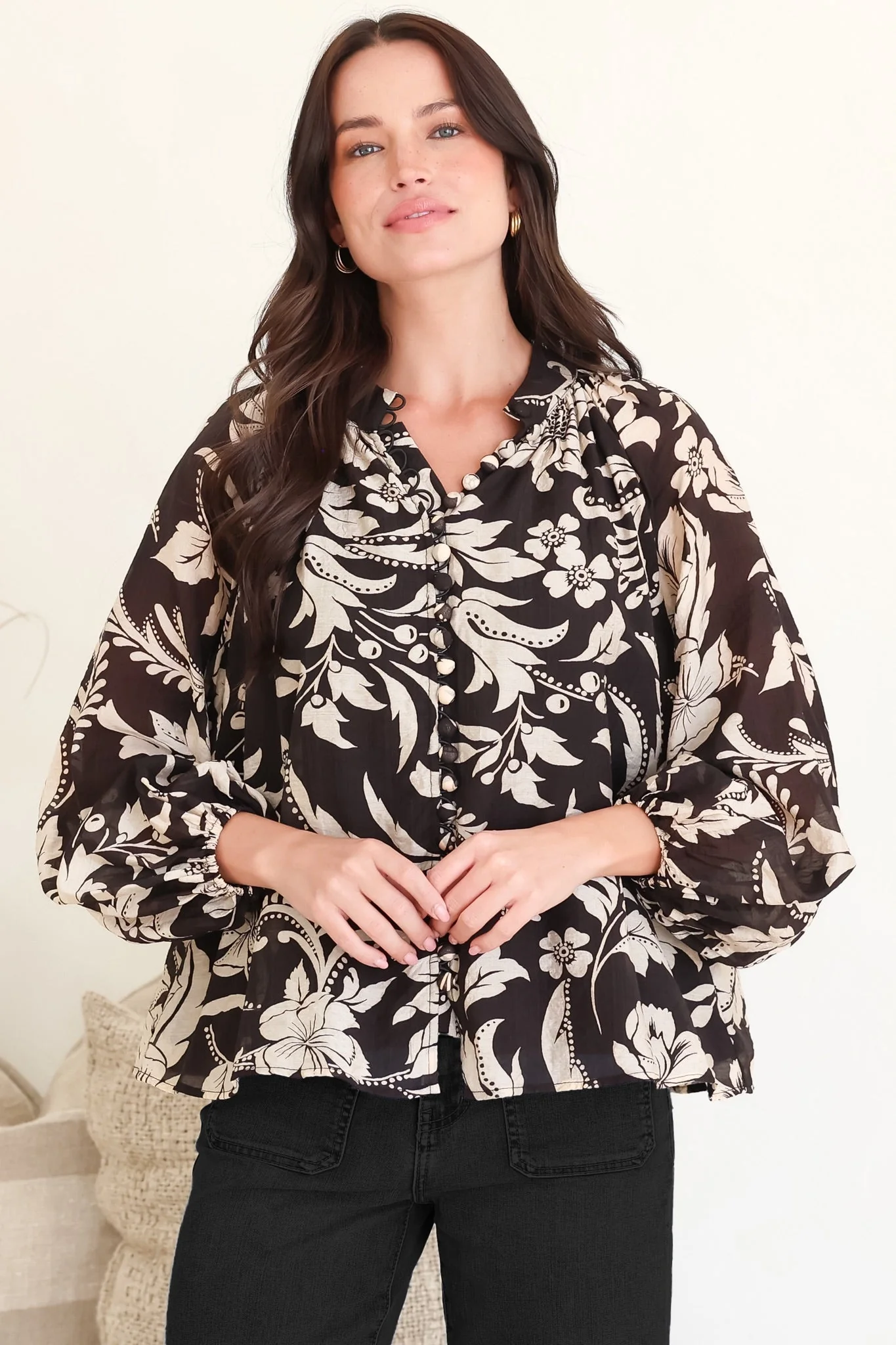 Portia Blouse - Button Down Mandarin Collar Shirt in Vendetta Print - Image 7