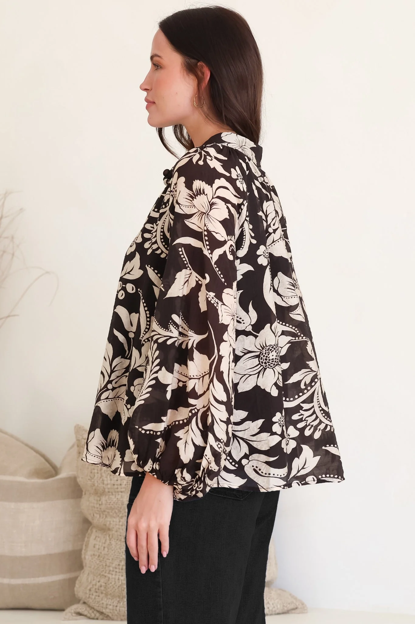 Portia Blouse - Button Down Mandarin Collar Shirt in Vendetta Print - Image 9