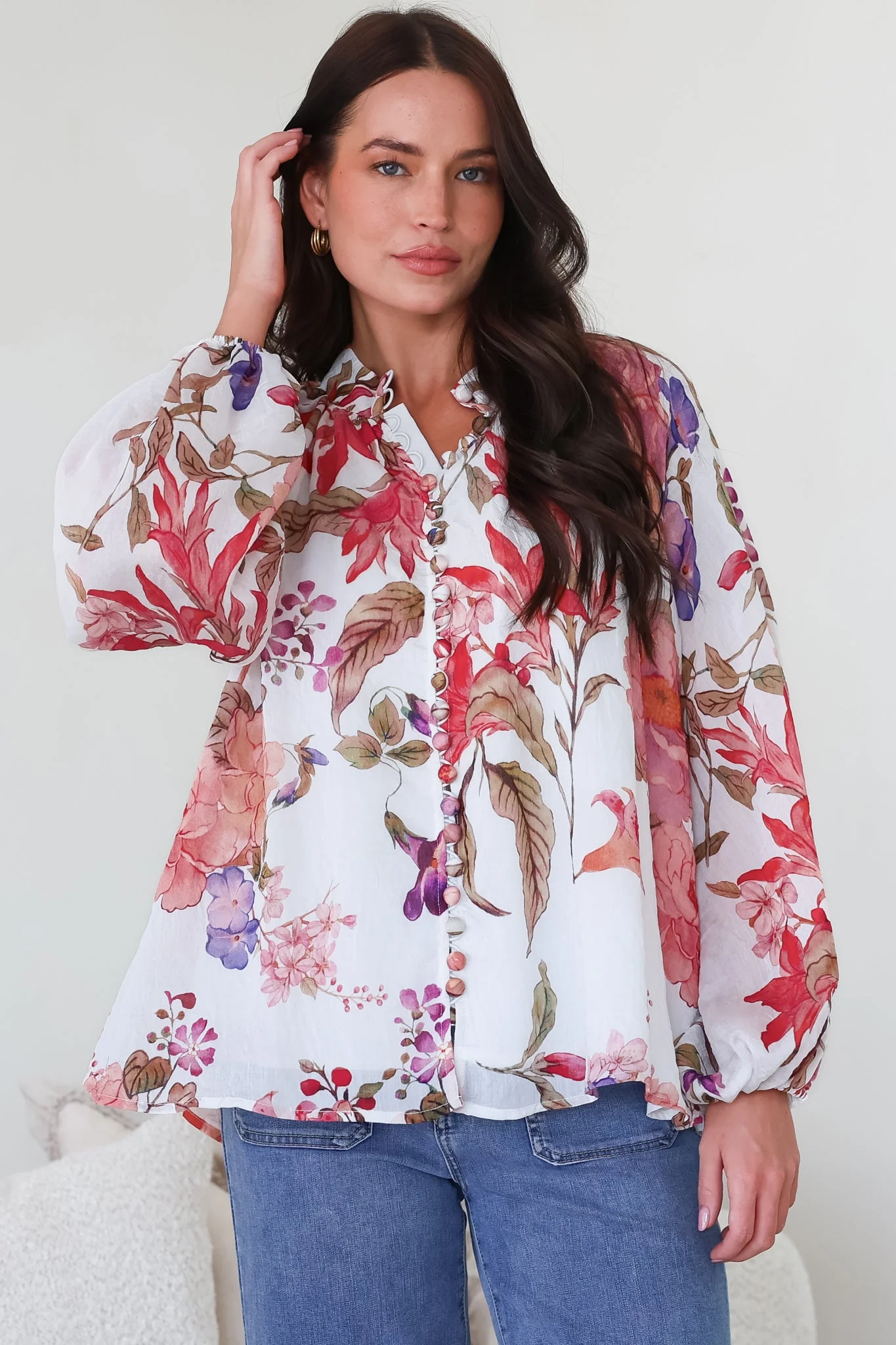 Portia Blouse - Button Down Mandarin Collar Shirt in Windward Print - Image 2