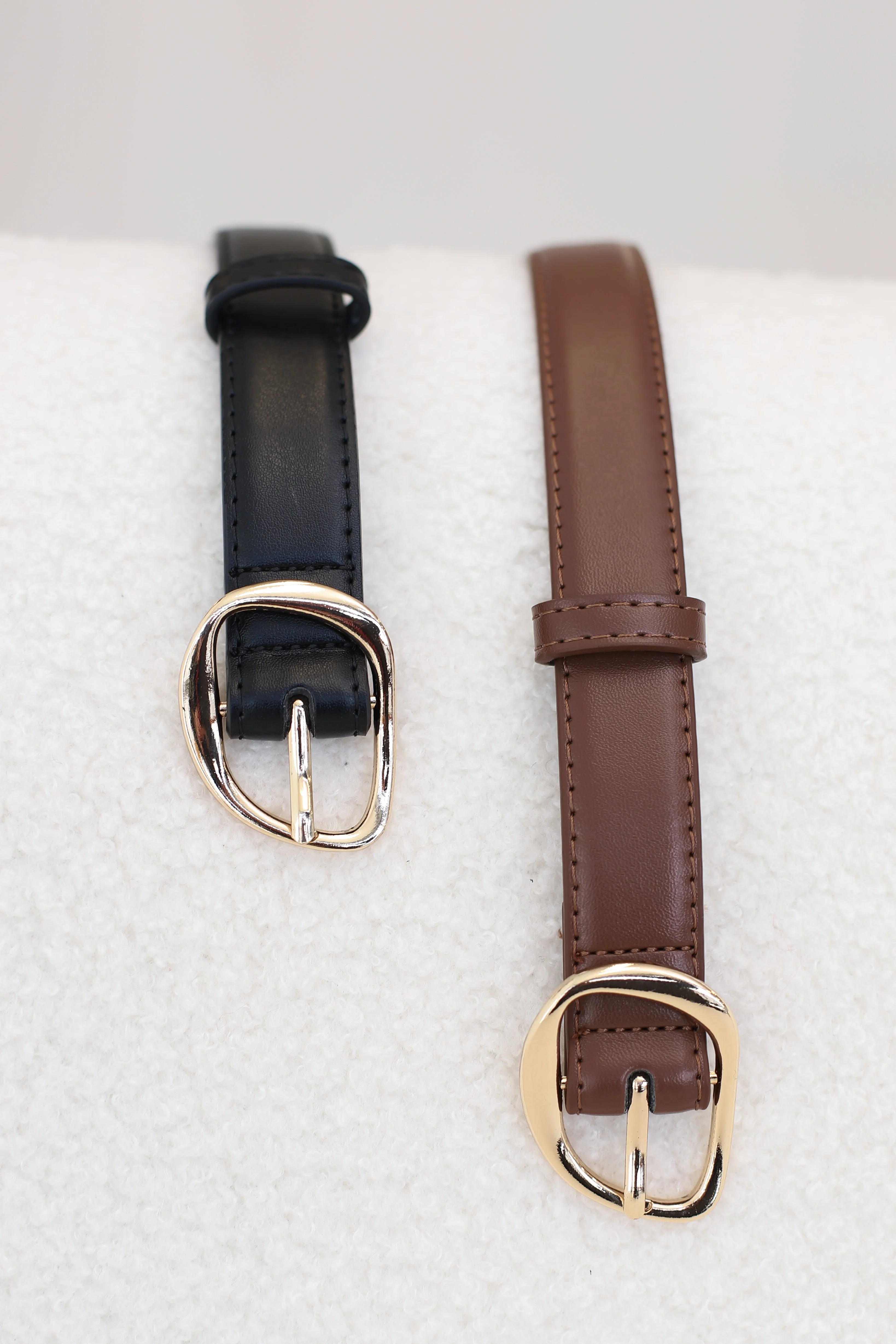 Quinn PU Leather Abstract Gold Buckle Thin Belt Set - Black/Brown - Image 5
