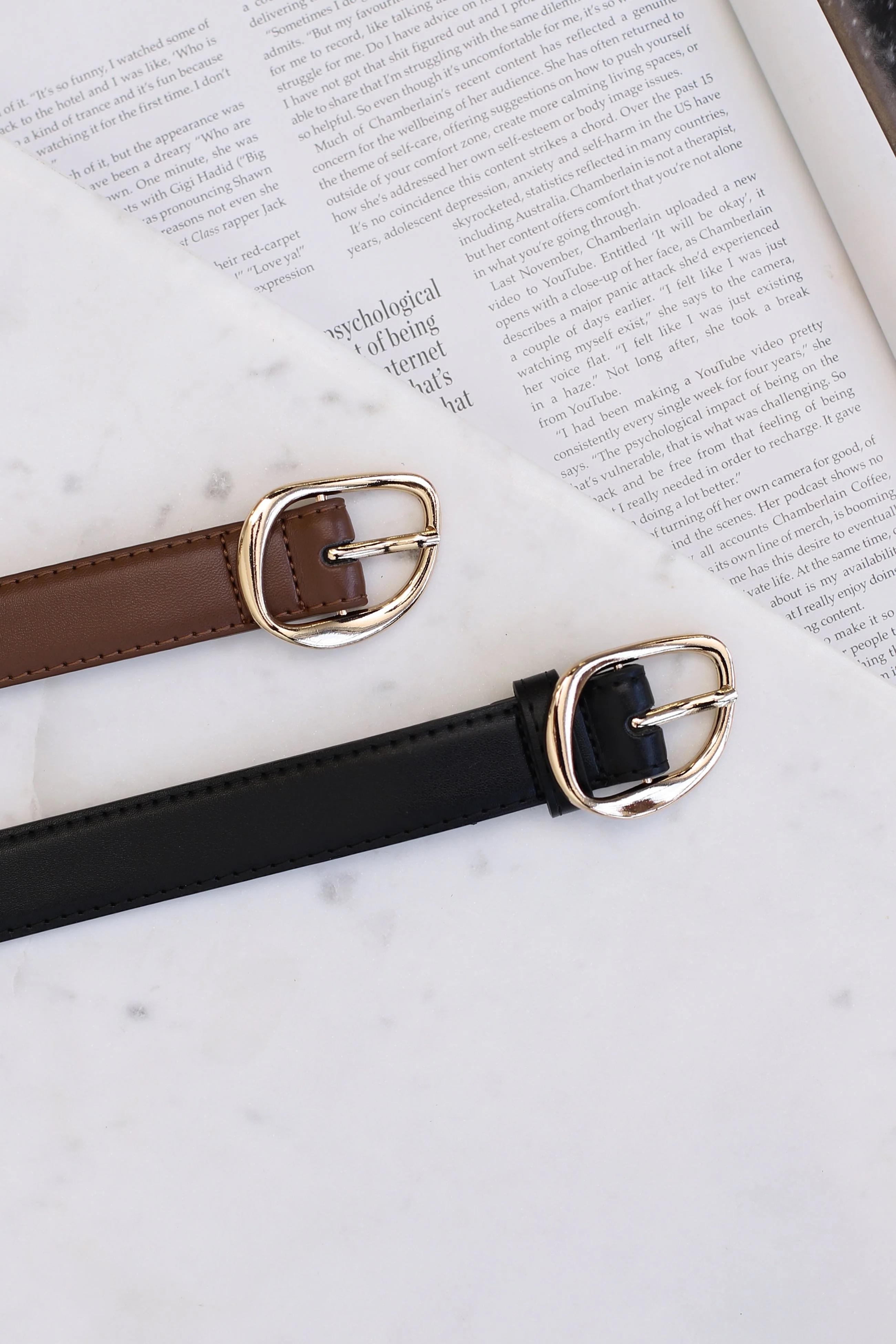 Quinn PU Leather Abstract Gold Buckle Thin Belt Set - Black/Brown - Image 7