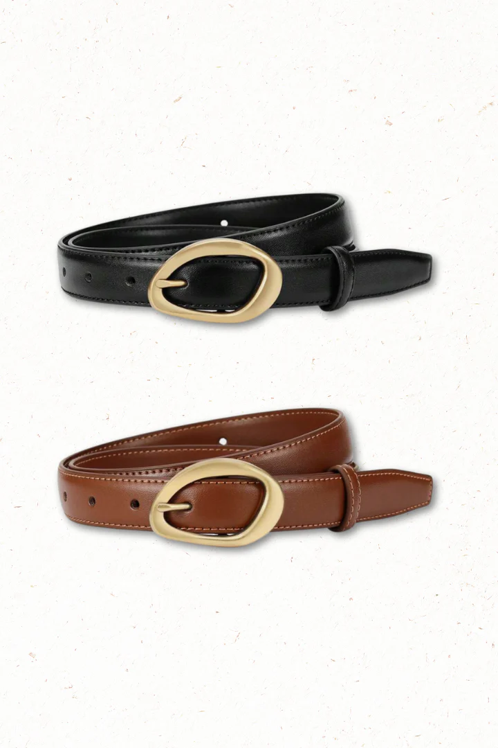 Quinn PU Leather Abstract Gold Buckle Thin Belt Set - Black/Brown - Image 9