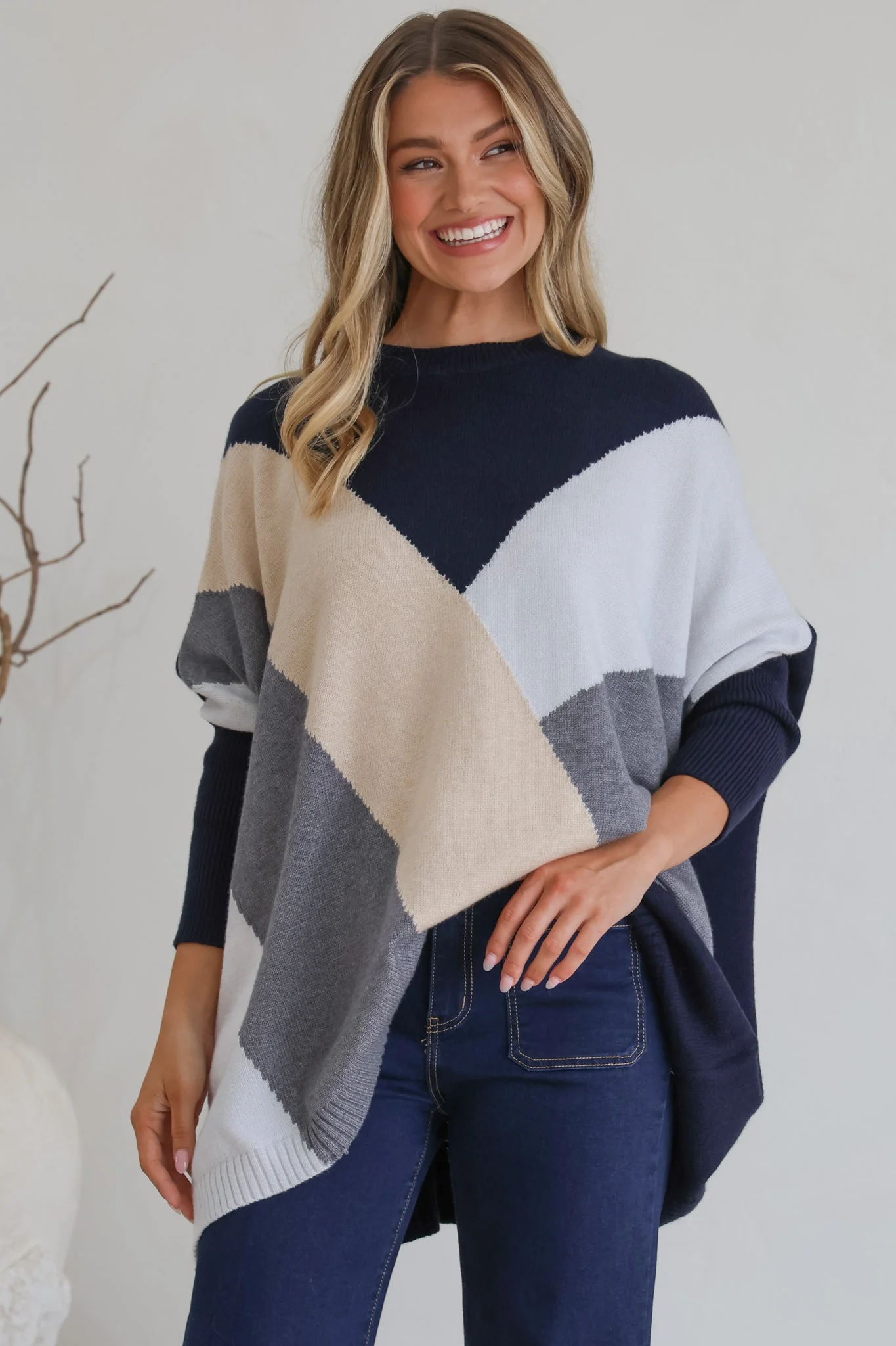 Reed Jumper - Colour Block Batwing Long Sleeve Knit in Navy