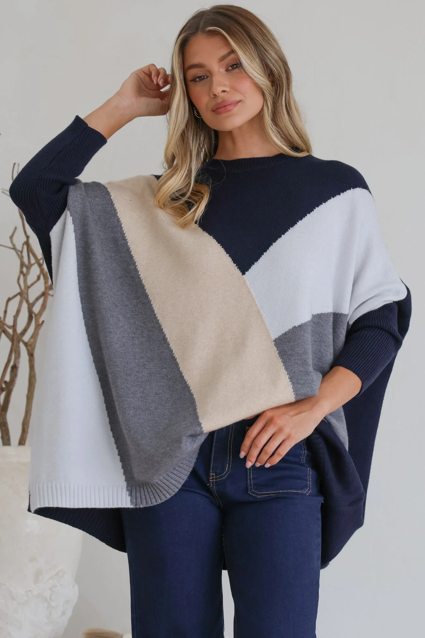 Reed Jumper - Colour Block Batwing Long Sleeve Knit in Navy - Image 2