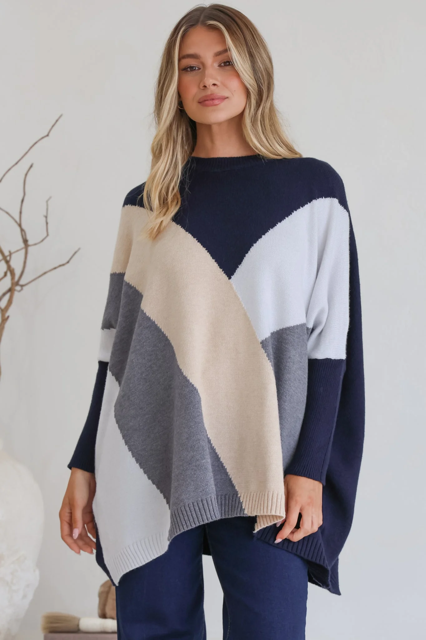 Reed Jumper - Colour Block Batwing Long Sleeve Knit in Navy - Image 3