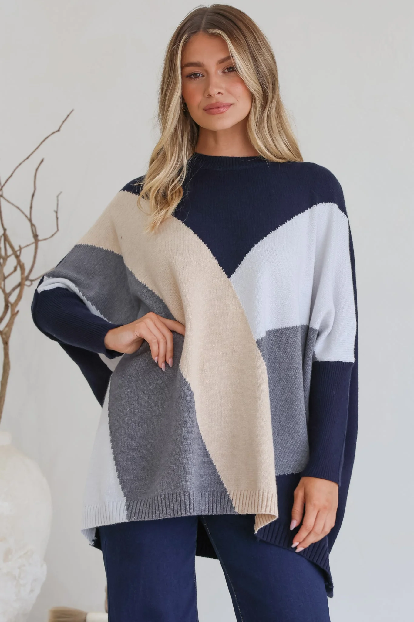Reed Jumper - Colour Block Batwing Long Sleeve Knit in Navy - Image 4