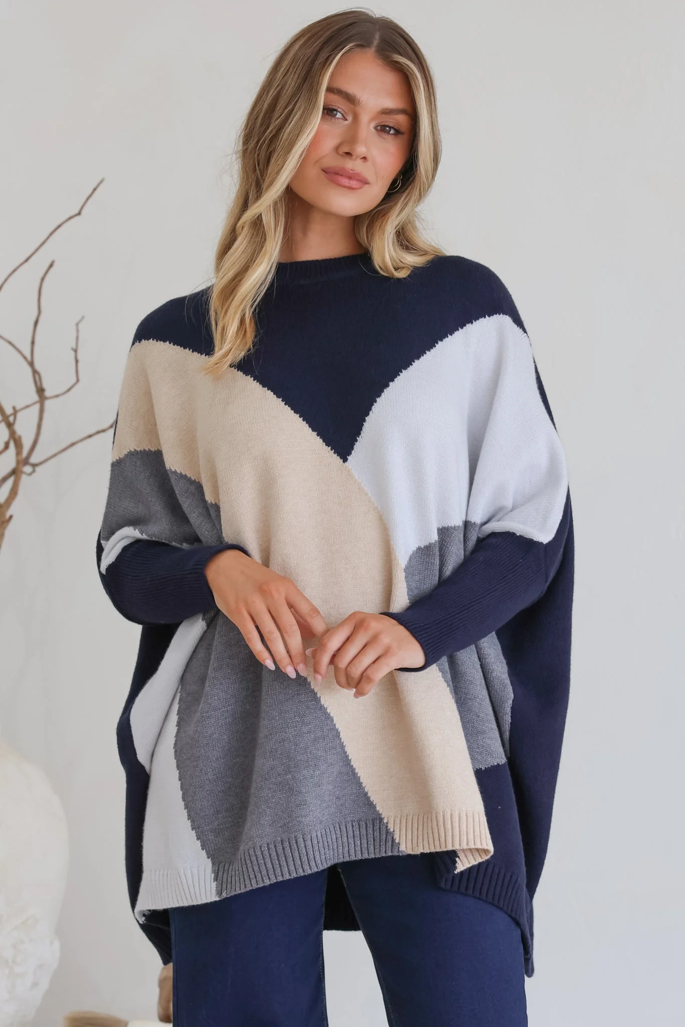 Reed Jumper - Colour Block Batwing Long Sleeve Knit in Navy - Image 5