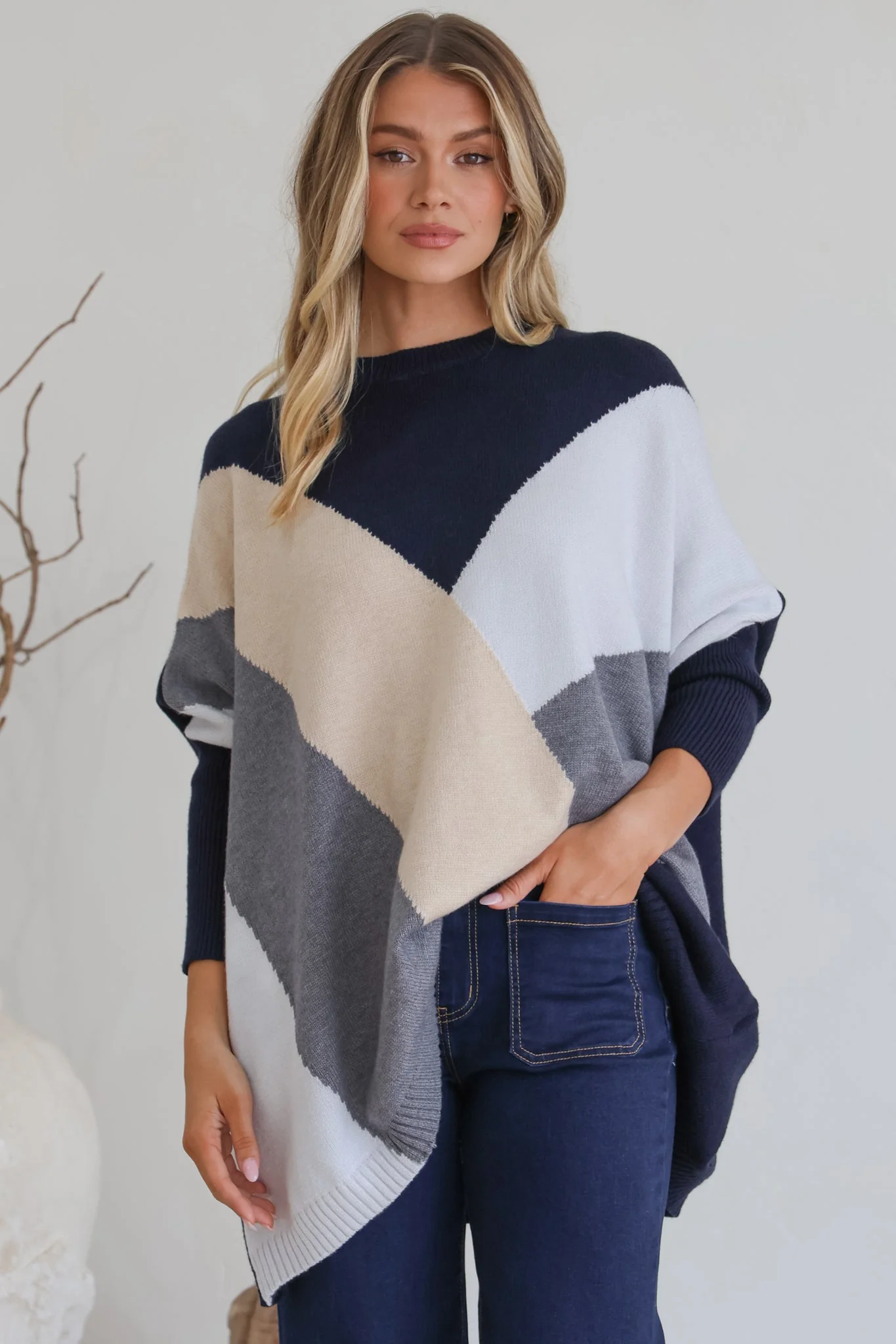 Reed Jumper - Colour Block Batwing Long Sleeve Knit in Navy - Image 6