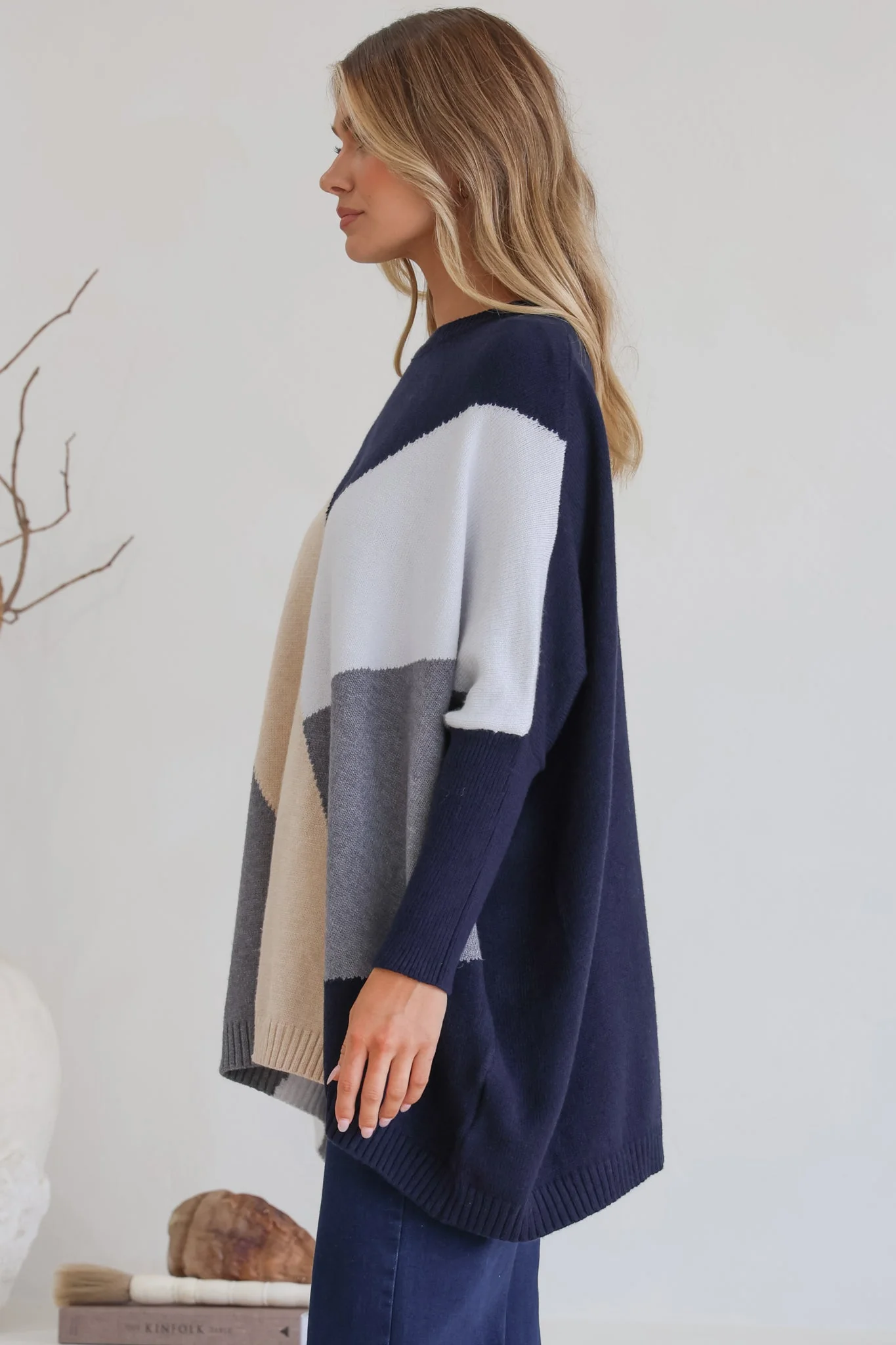 Reed Jumper - Colour Block Batwing Long Sleeve Knit in Navy - Image 7