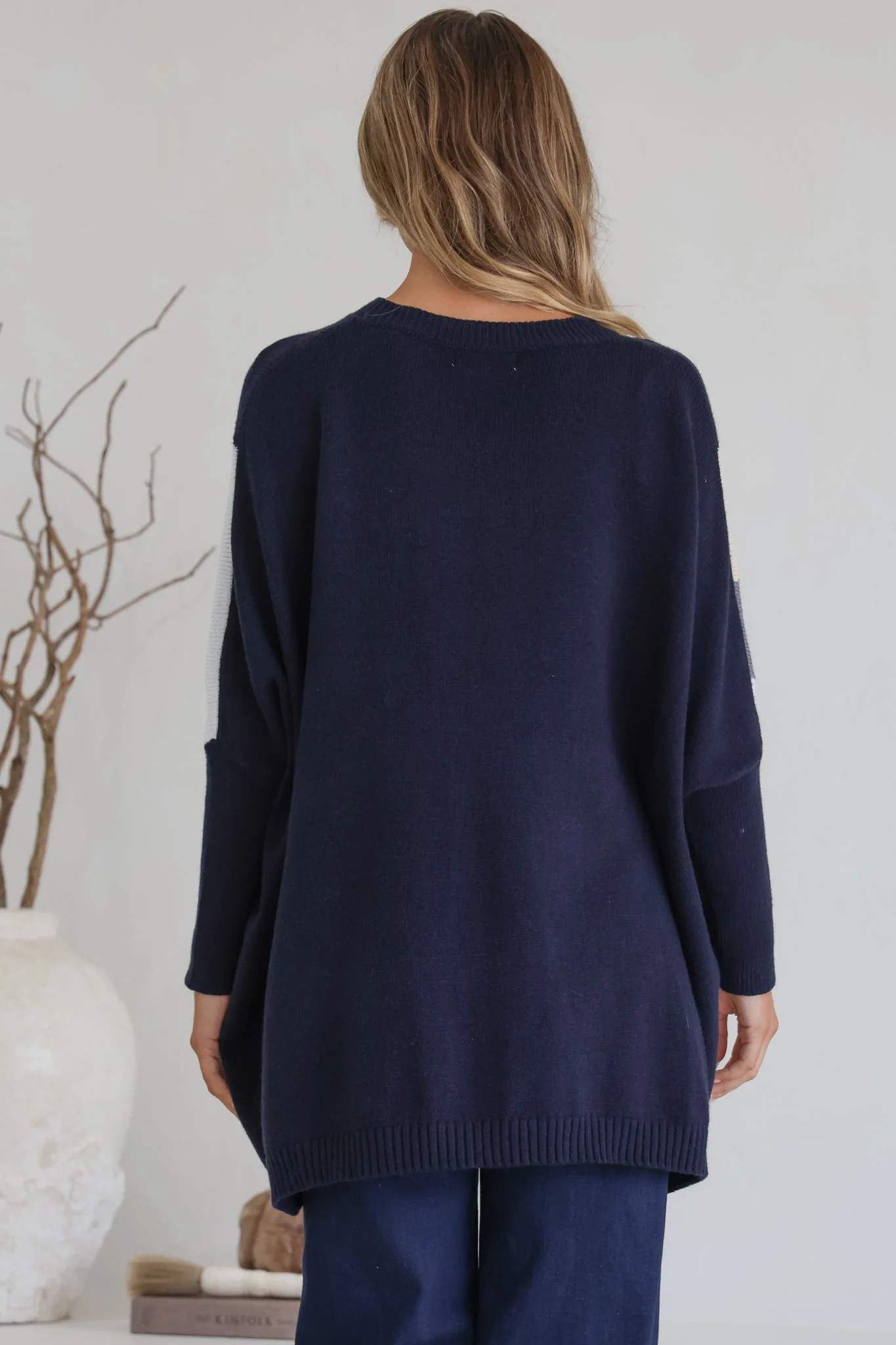 Reed Jumper - Colour Block Batwing Long Sleeve Knit in Navy - Image 8