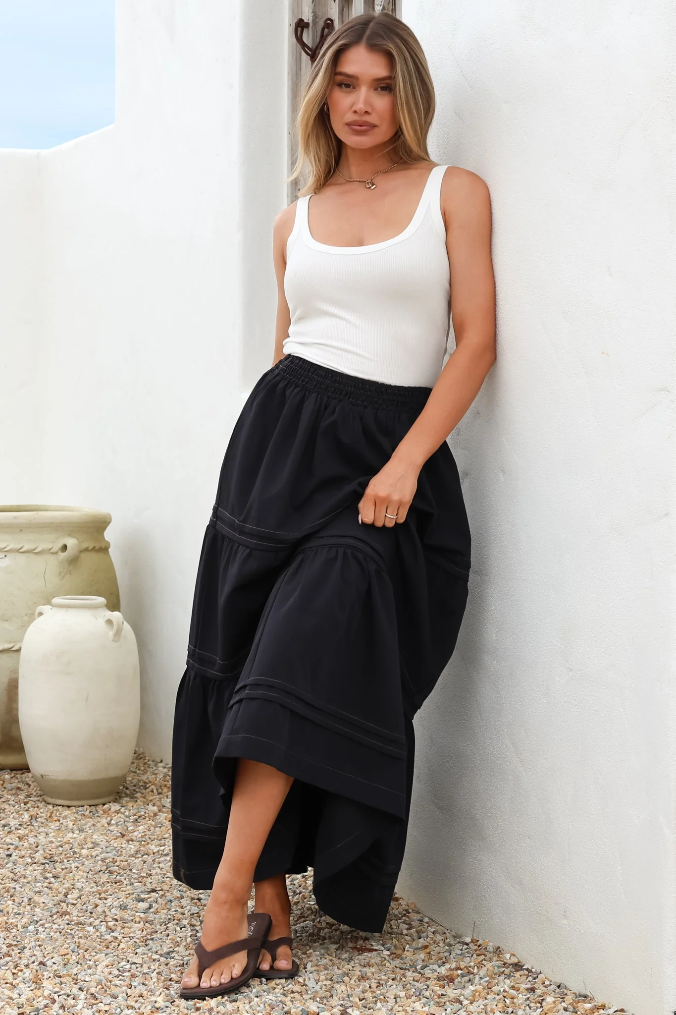 Rennie Maxi Skirt - Tiered Pleated Spliced Skirt with Contrast Stitch in Navy - Image 3
