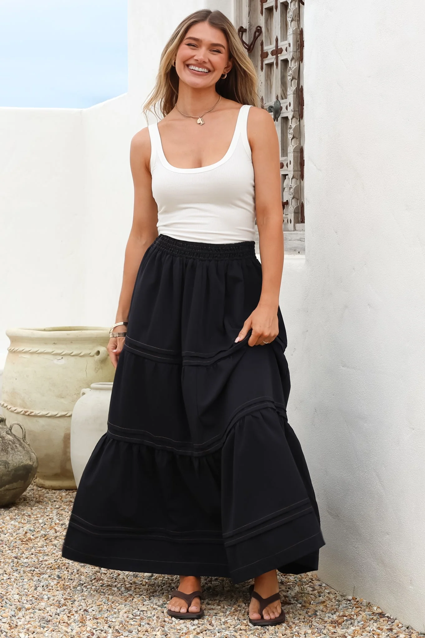 Rennie Maxi Skirt - Tiered Pleated Spliced Skirt with Contrast Stitch in Navy - Image 4