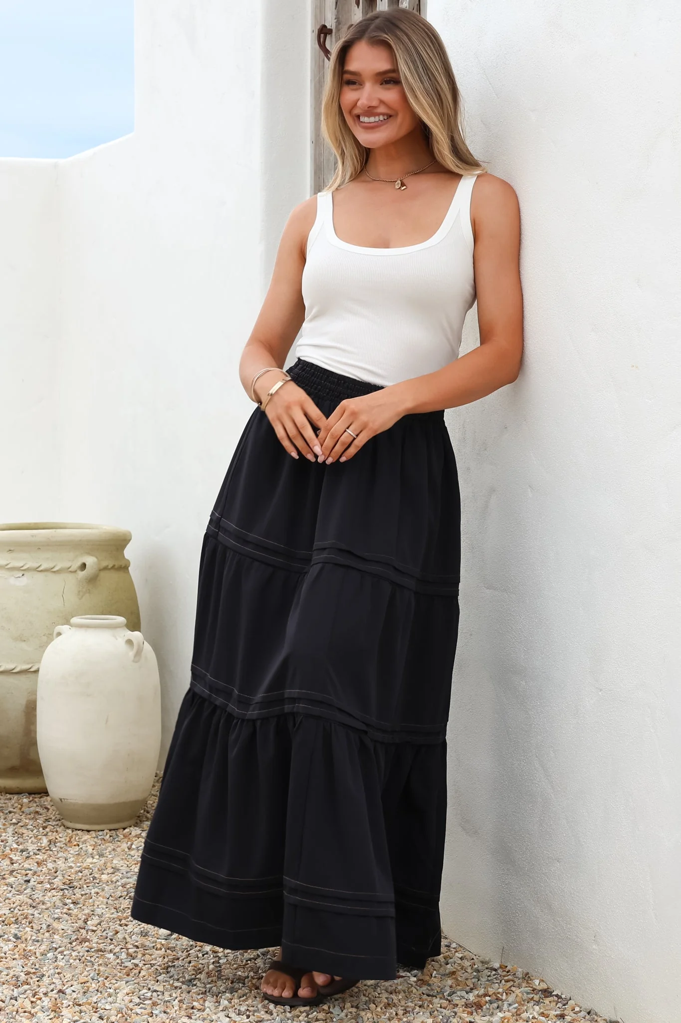 Rennie Maxi Skirt - Tiered Pleated Spliced Skirt with Contrast Stitch in Navy - Image 5