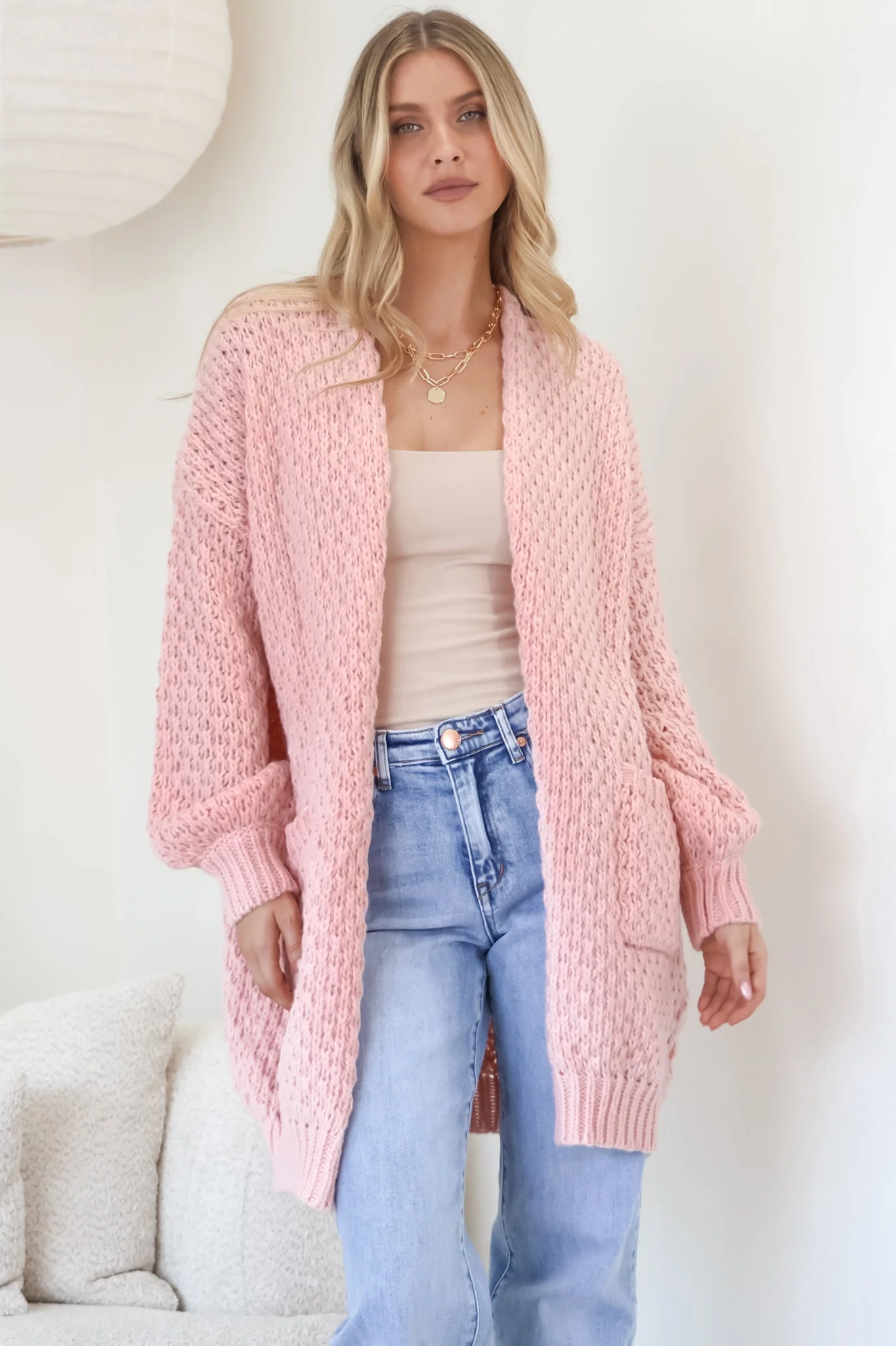 Ricki Cardigan - Open Front Chunky Knit Cardigan in Blush - Image 2