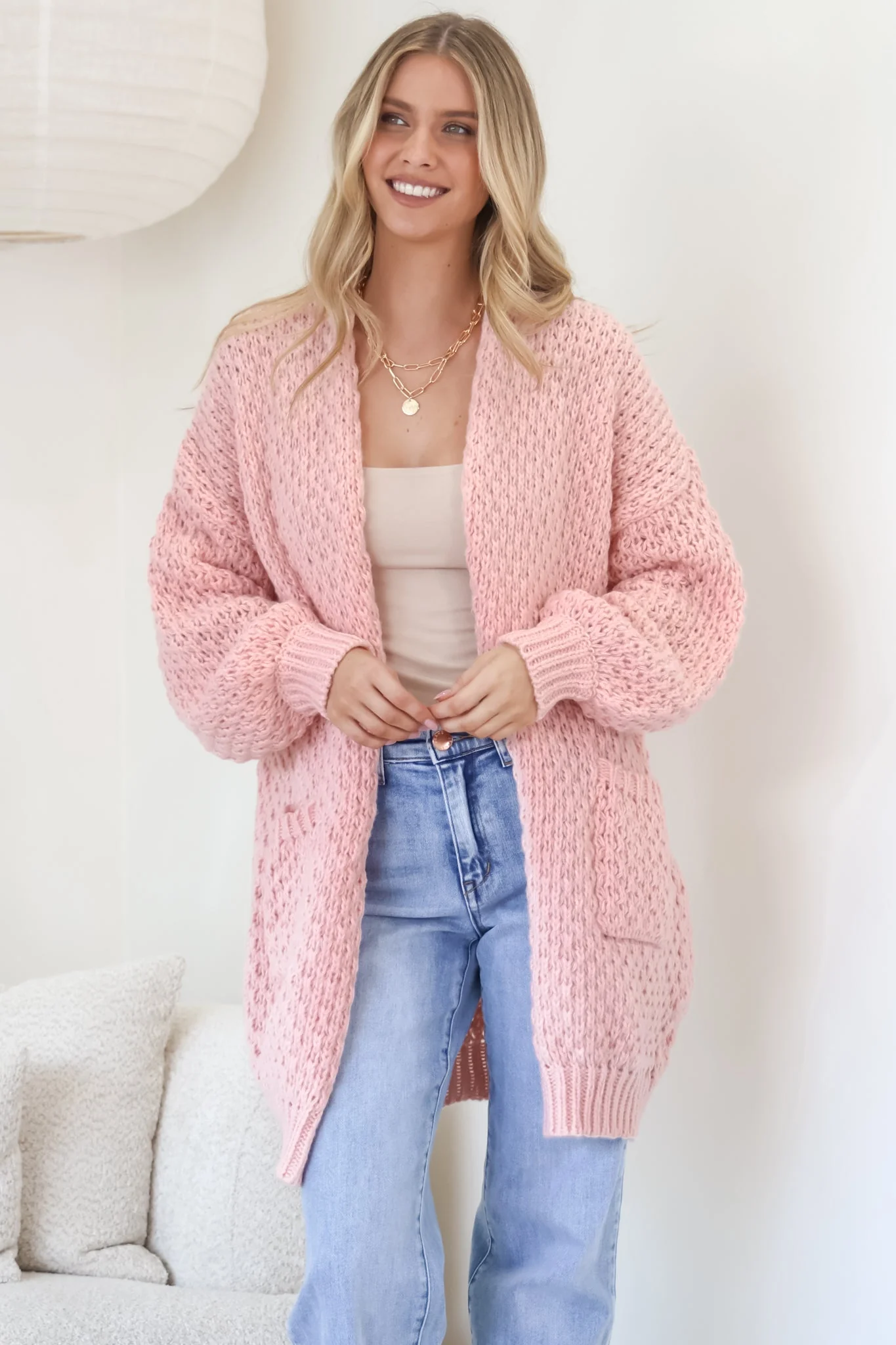 Ricki Cardigan - Open Front Chunky Knit Cardigan in Blush - Image 3