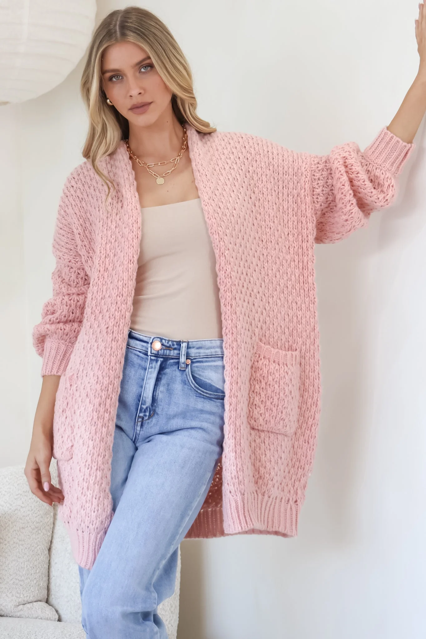 Ricki Cardigan - Open Front Chunky Knit Cardigan in Blush - Image 4