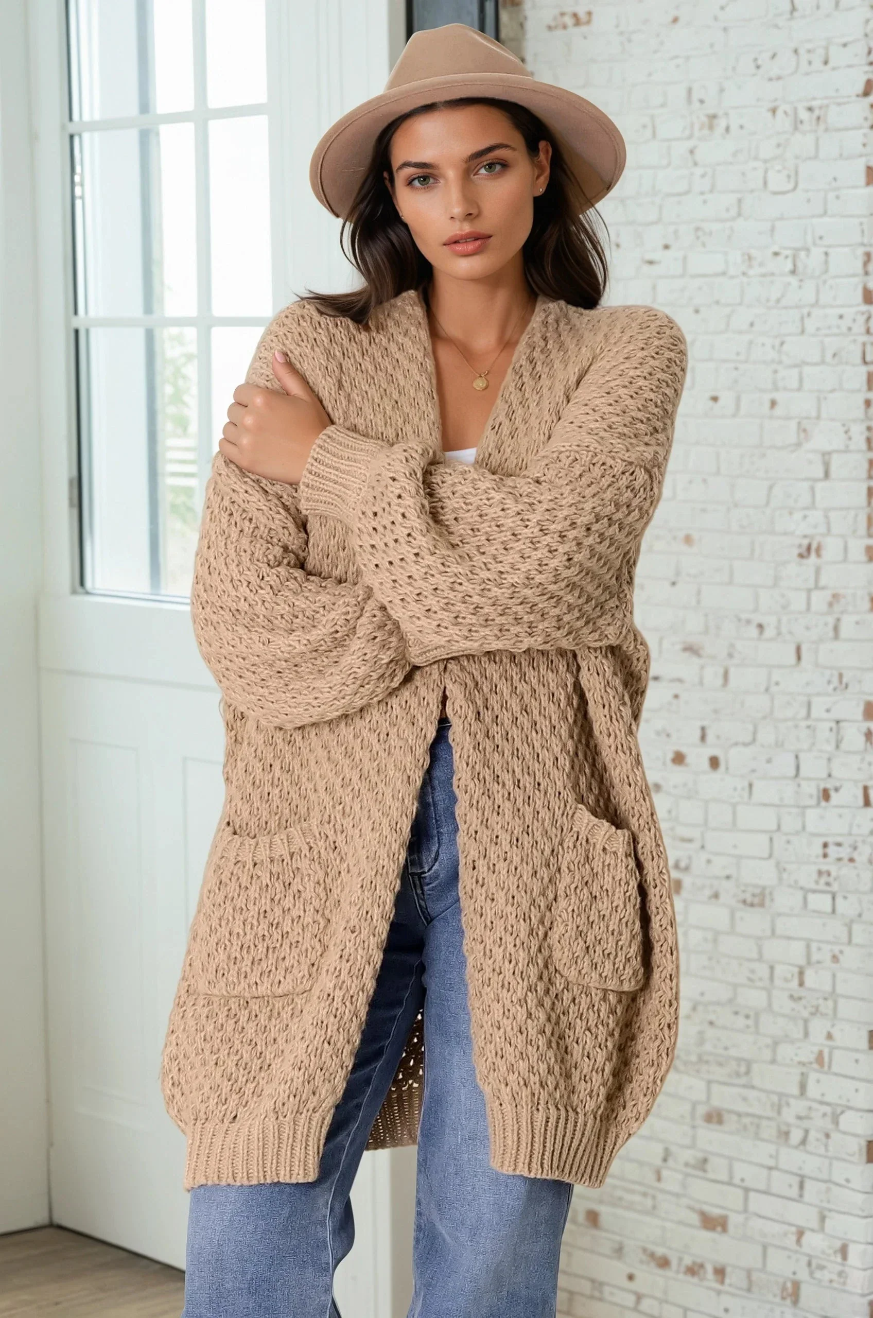 Ricki Cardigan - Open Front Chunky Knit Cardigan in Camel - Image 2