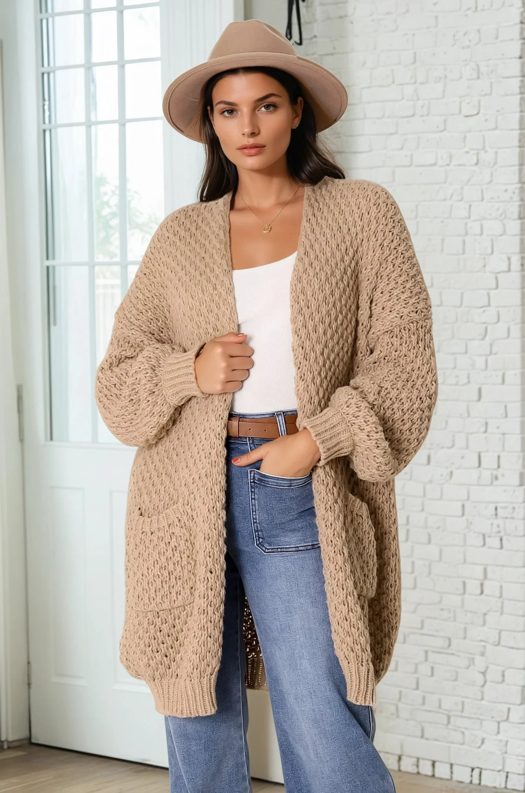 Ricki Cardigan - Open Front Chunky Knit Cardigan in Camel - Image 3