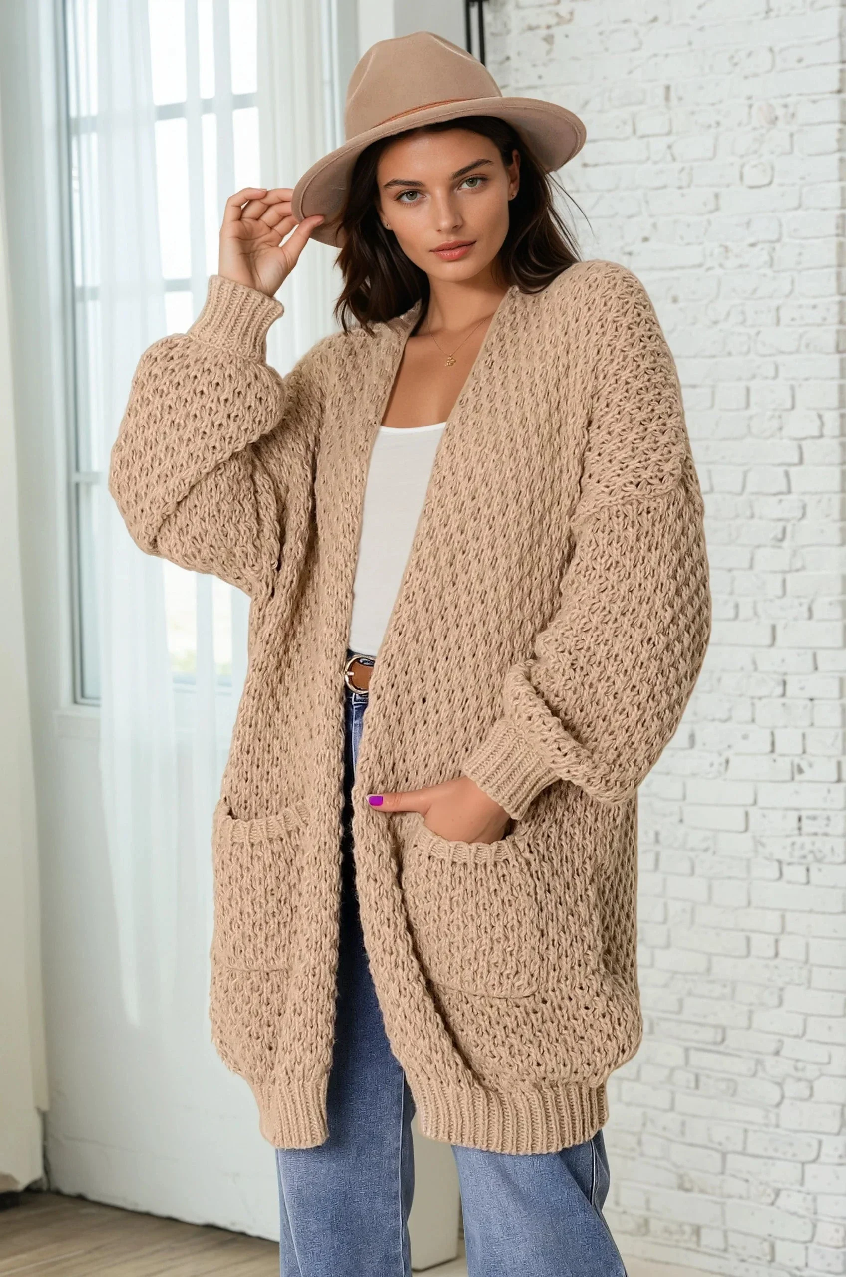 Ricki Cardigan - Open Front Chunky Knit Cardigan in Camel - Image 4