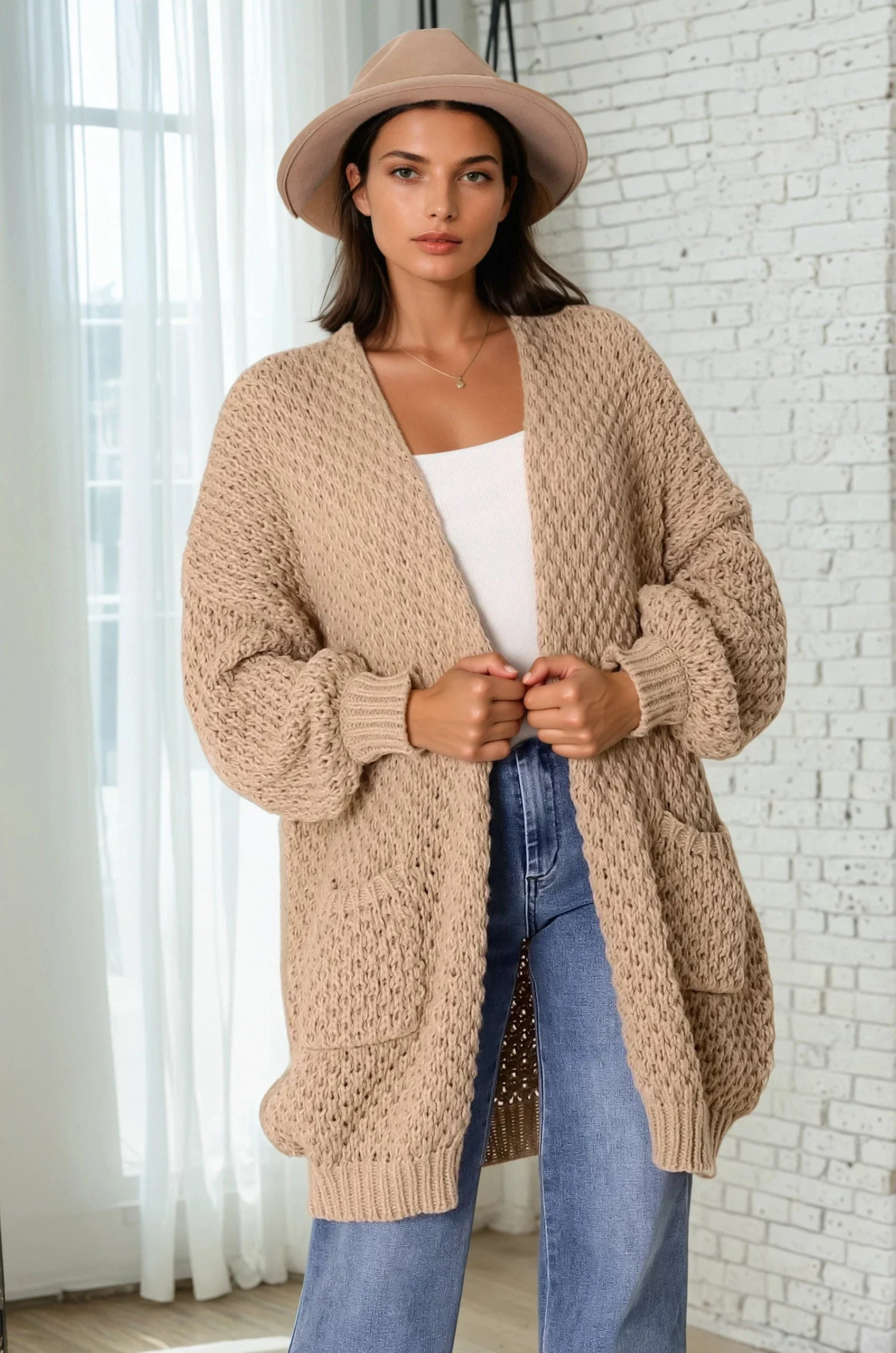 Ricki Cardigan - Open Front Chunky Knit Cardigan in Camel - Image 5
