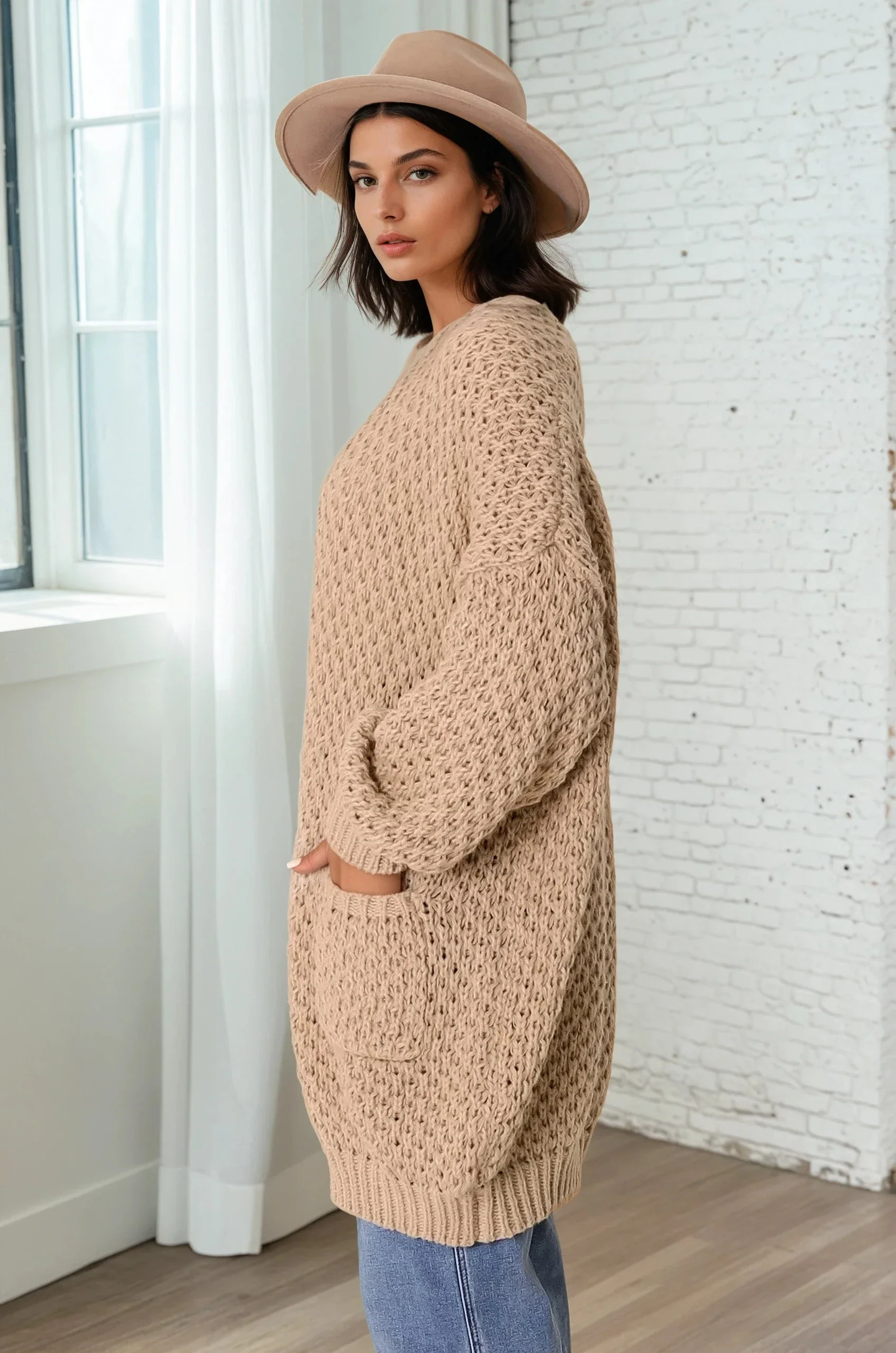 Ricki Cardigan - Open Front Chunky Knit Cardigan in Camel - Image 6