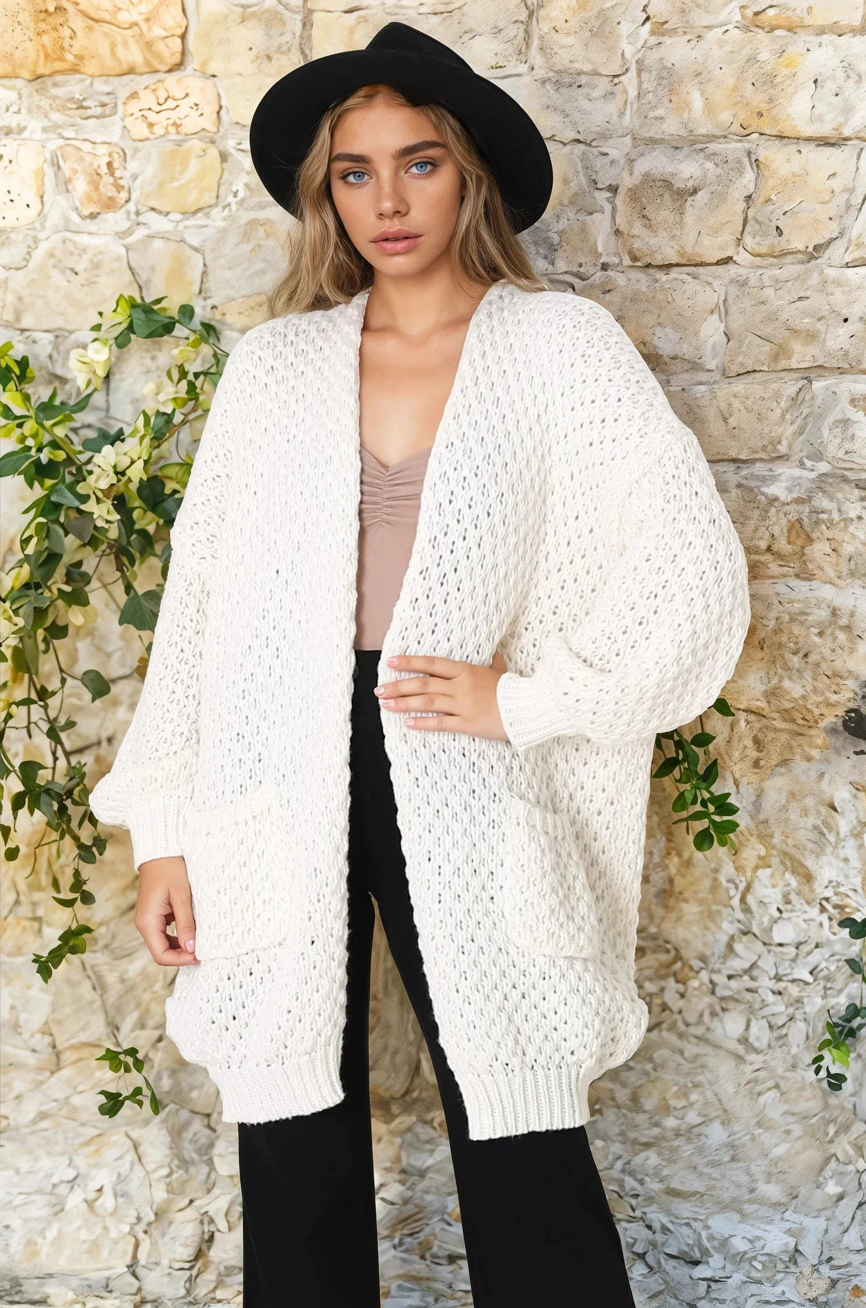 Ricki Cardigan - Open Front Chunky Knit Cardigan in Cream - Image 4