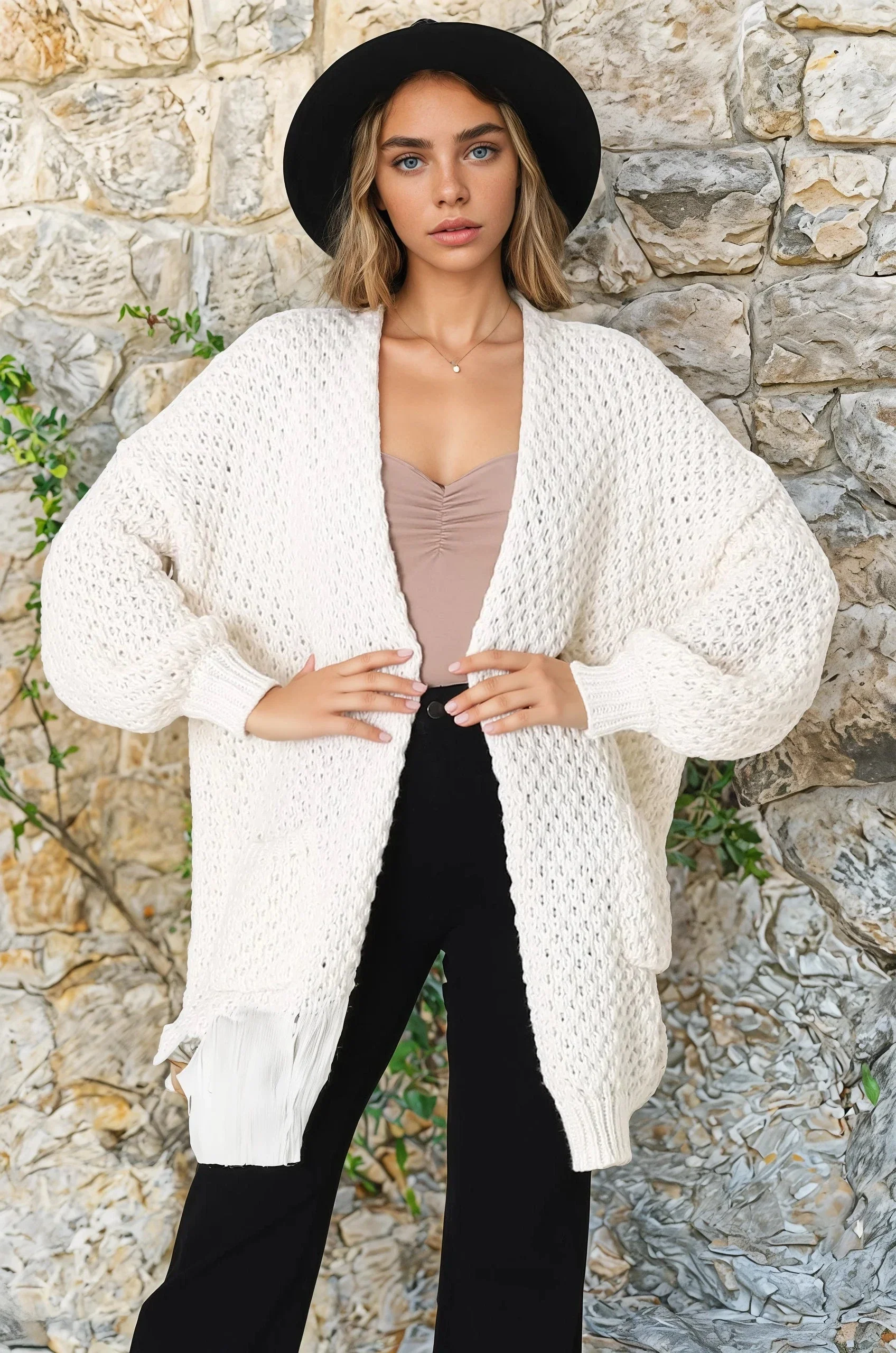 Ricki Cardigan - Open Front Chunky Knit Cardigan in Cream - Image 7