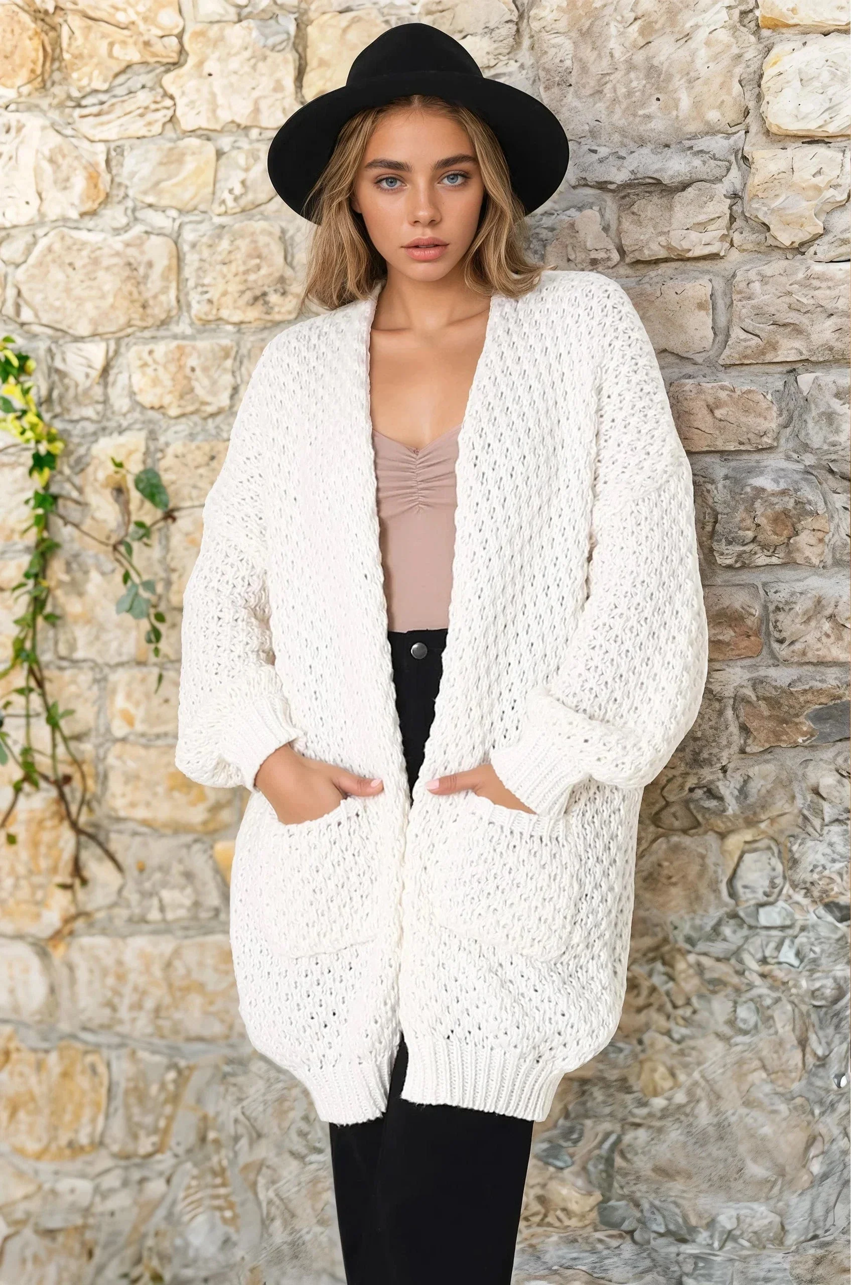 Ricki Cardigan - Open Front Chunky Knit Cardigan in Cream - Image 9