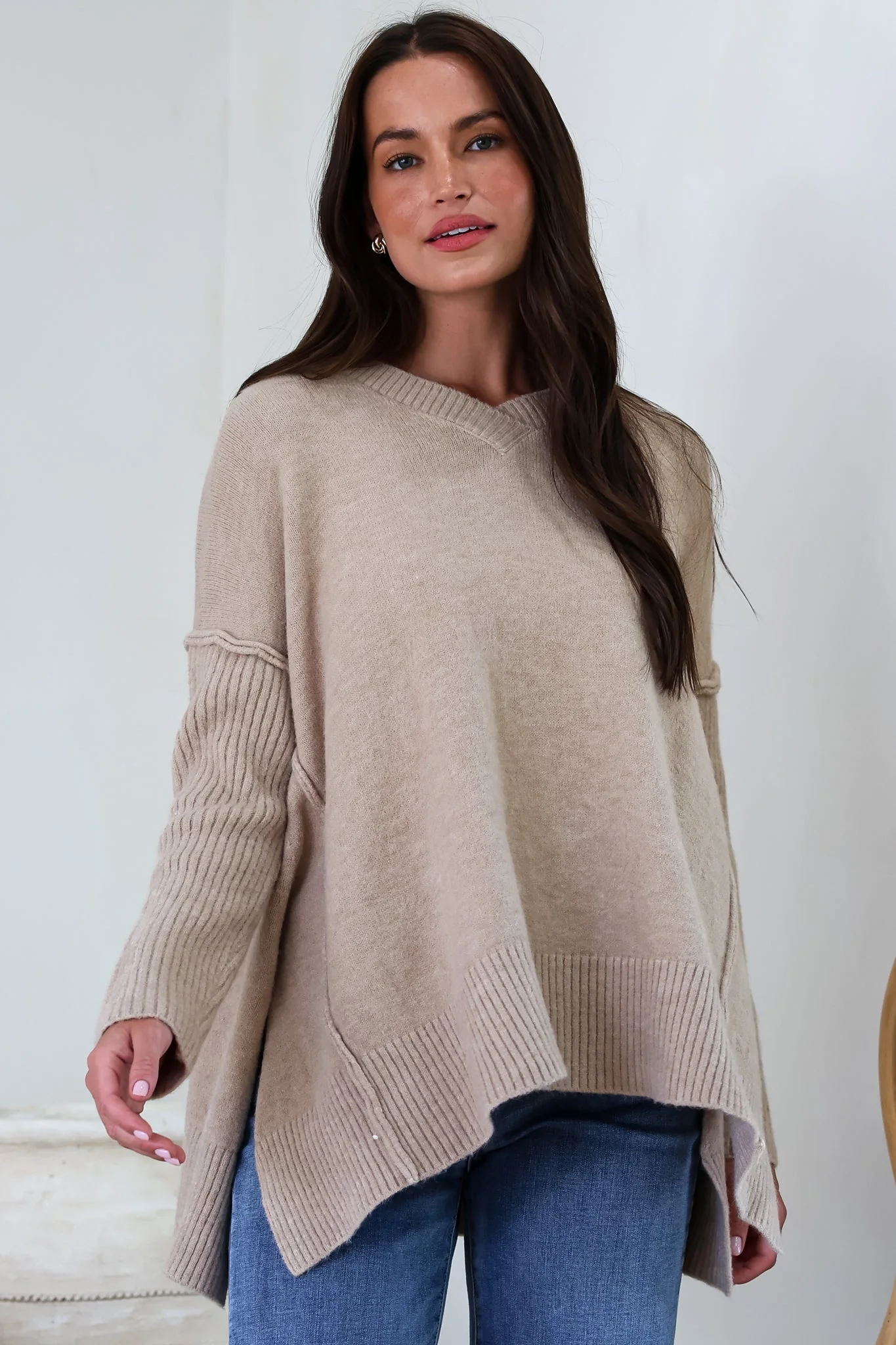 Ridge Jumper - V Neck Relaxed Shark Bite Ribbed Hemline Knit in Beige - Image 3
