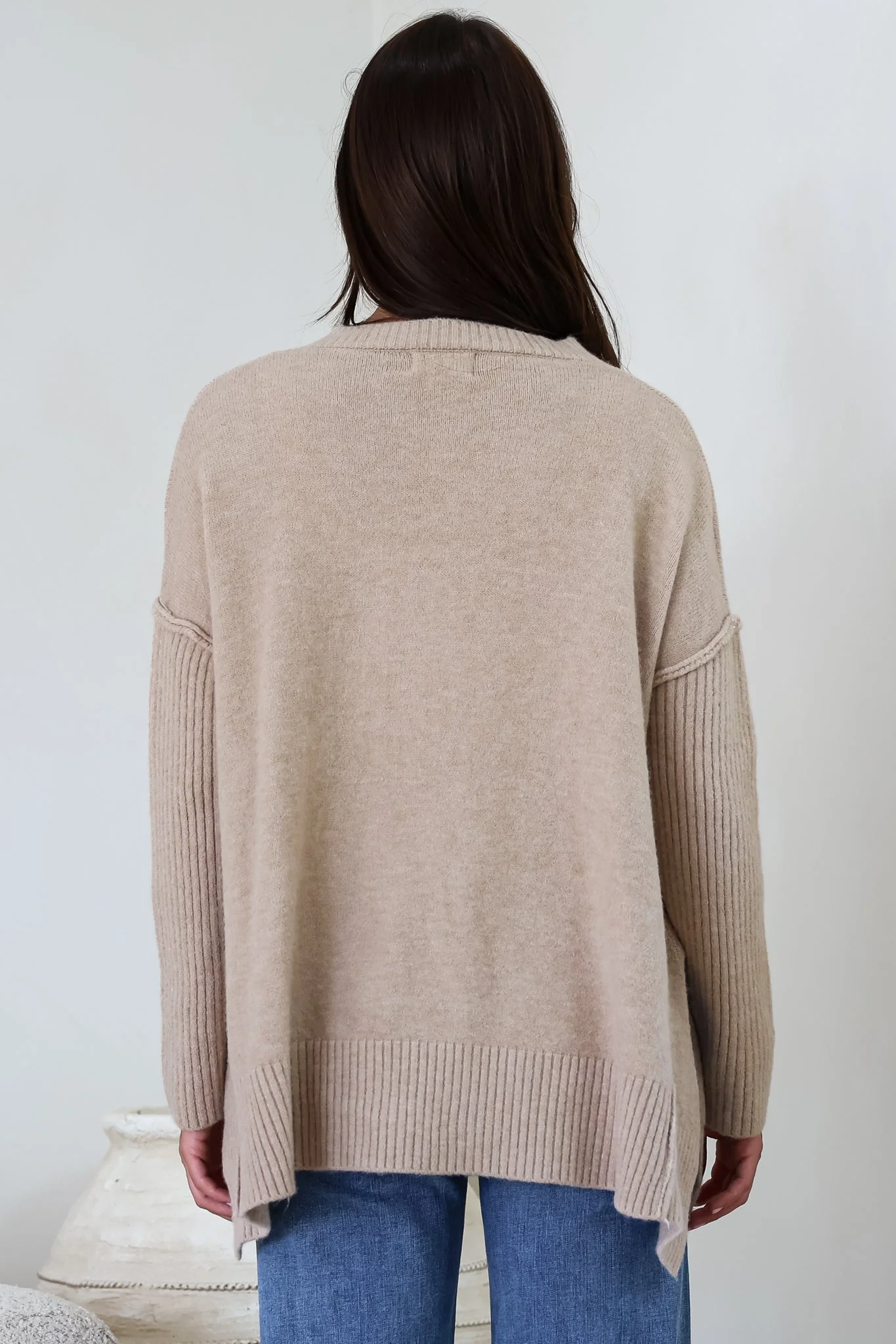 Ridge Jumper - V Neck Relaxed Shark Bite Ribbed Hemline Knit in Beige - Image 9