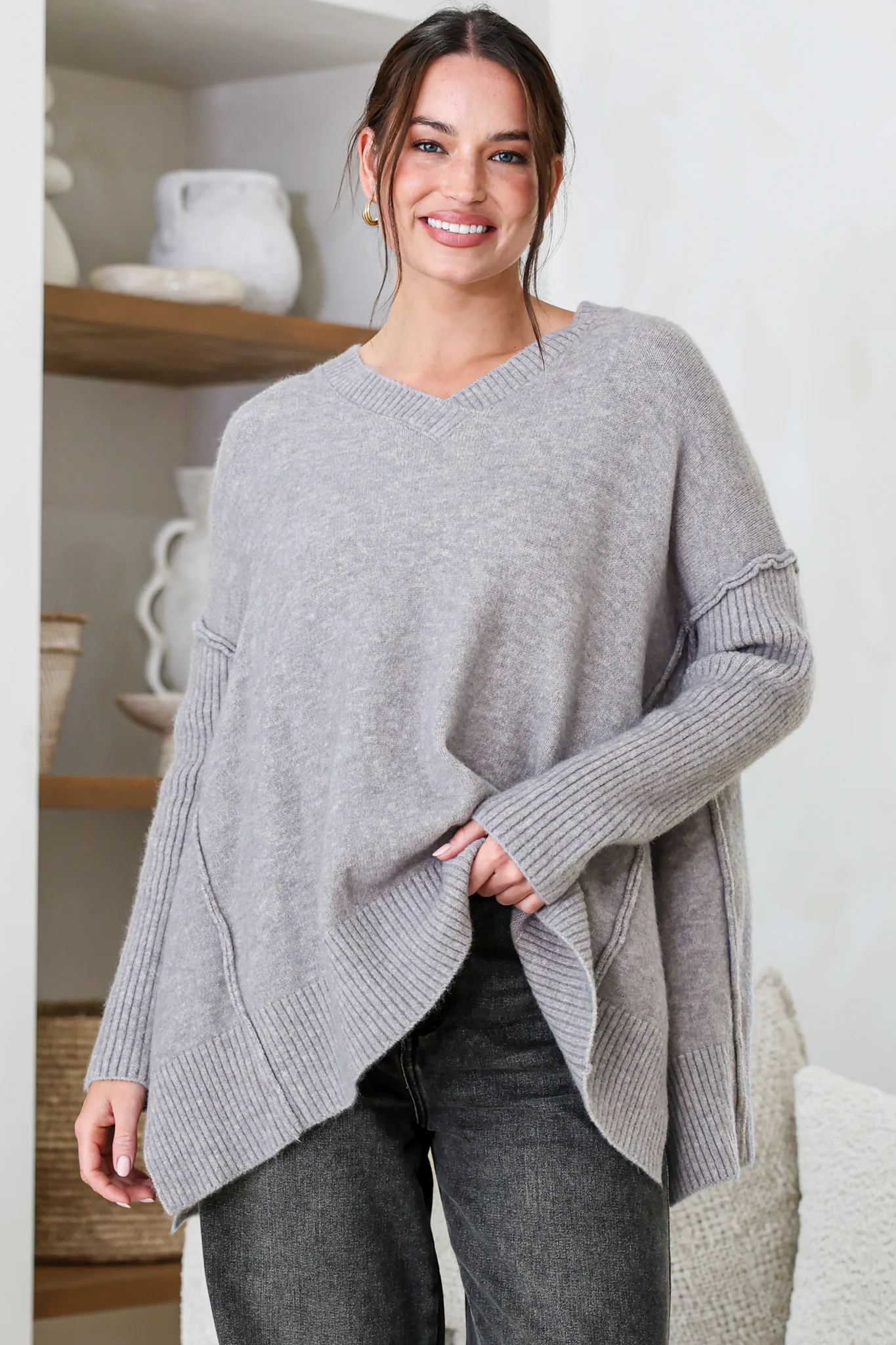 Ridge Jumper - V Neck Relaxed Shark Bite Ribbed Hemline Knit in Grey - Image 5