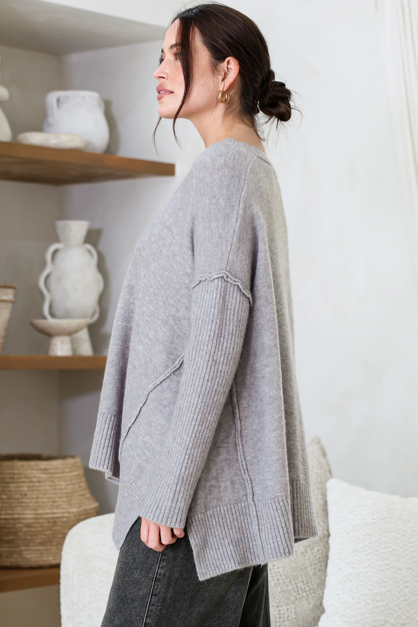 Ridge Jumper - V Neck Relaxed Shark Bite Ribbed Hemline Knit in Grey - Image 6