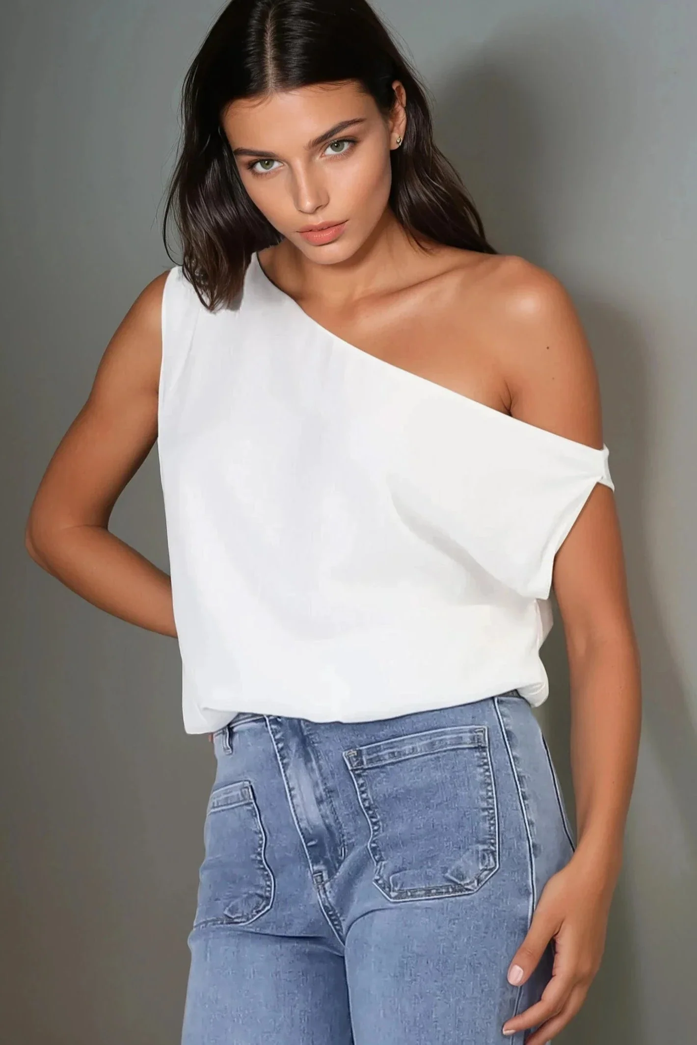 Rielle Top - One Shoulder Asymmetric Bodysuit in White - Image 2
