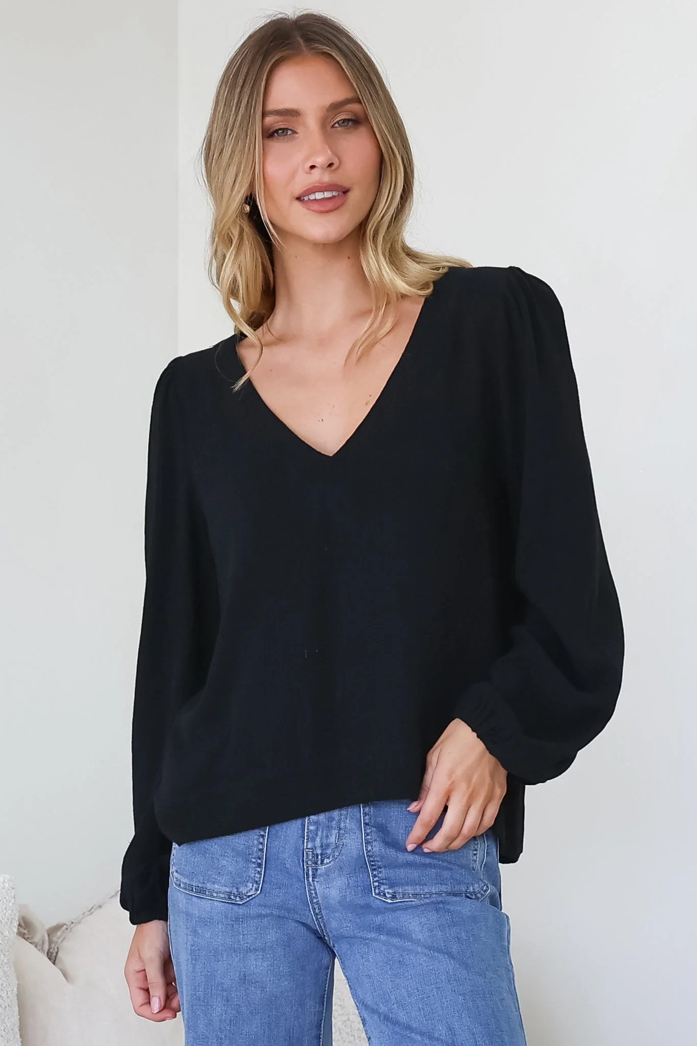 Ritual Top - V-Neck High Low Pull Over with Long Balloon Sleeves in Black - Image 4
